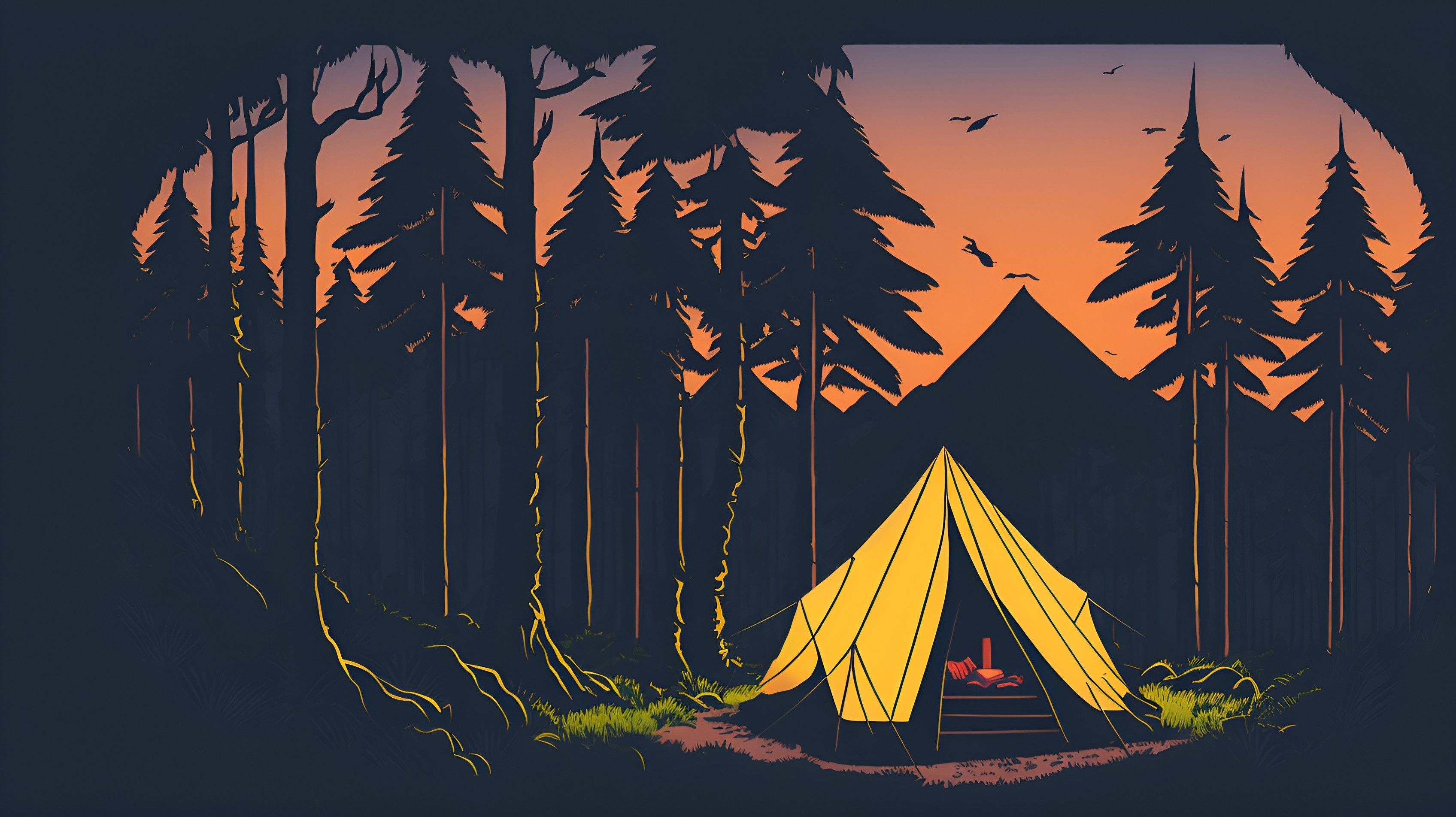 Lone Tent in the Lush Forest Minimalist Wallpaper, HD Minimalist 4K Wallpaper, Image and Background