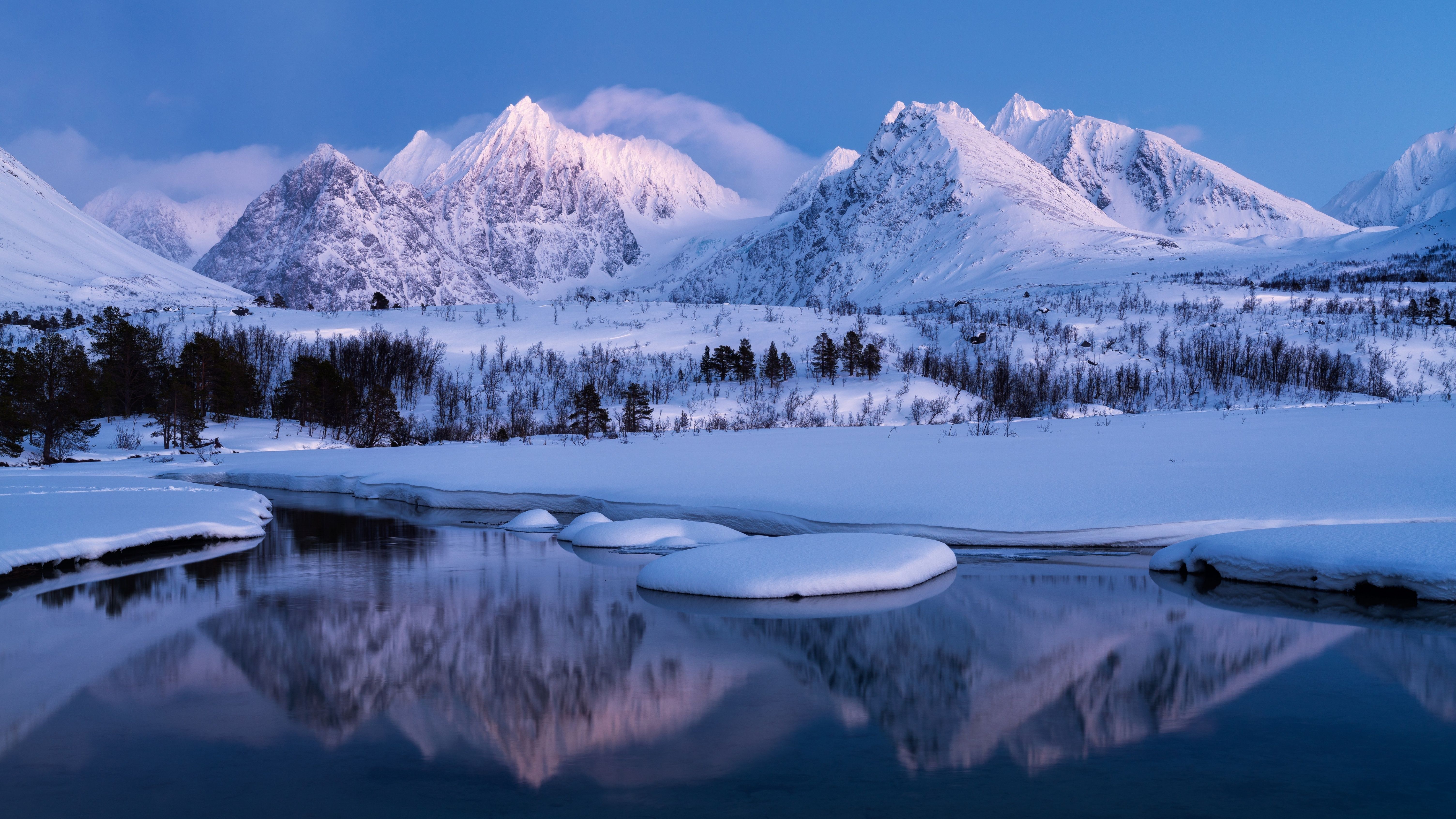 Winter Mountains Wallpaper 4K, Landscape, Lake, Cold