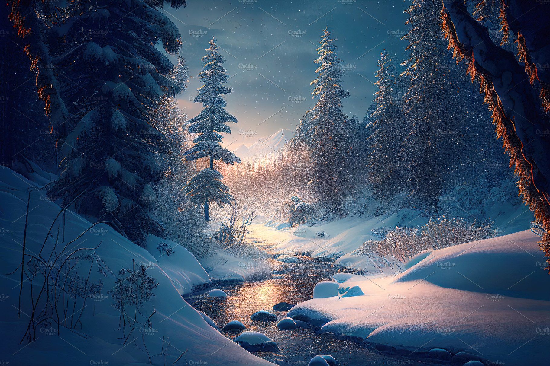 Winter landscape wallpaper with pine forest covered with snow, m. Nature Creative Market