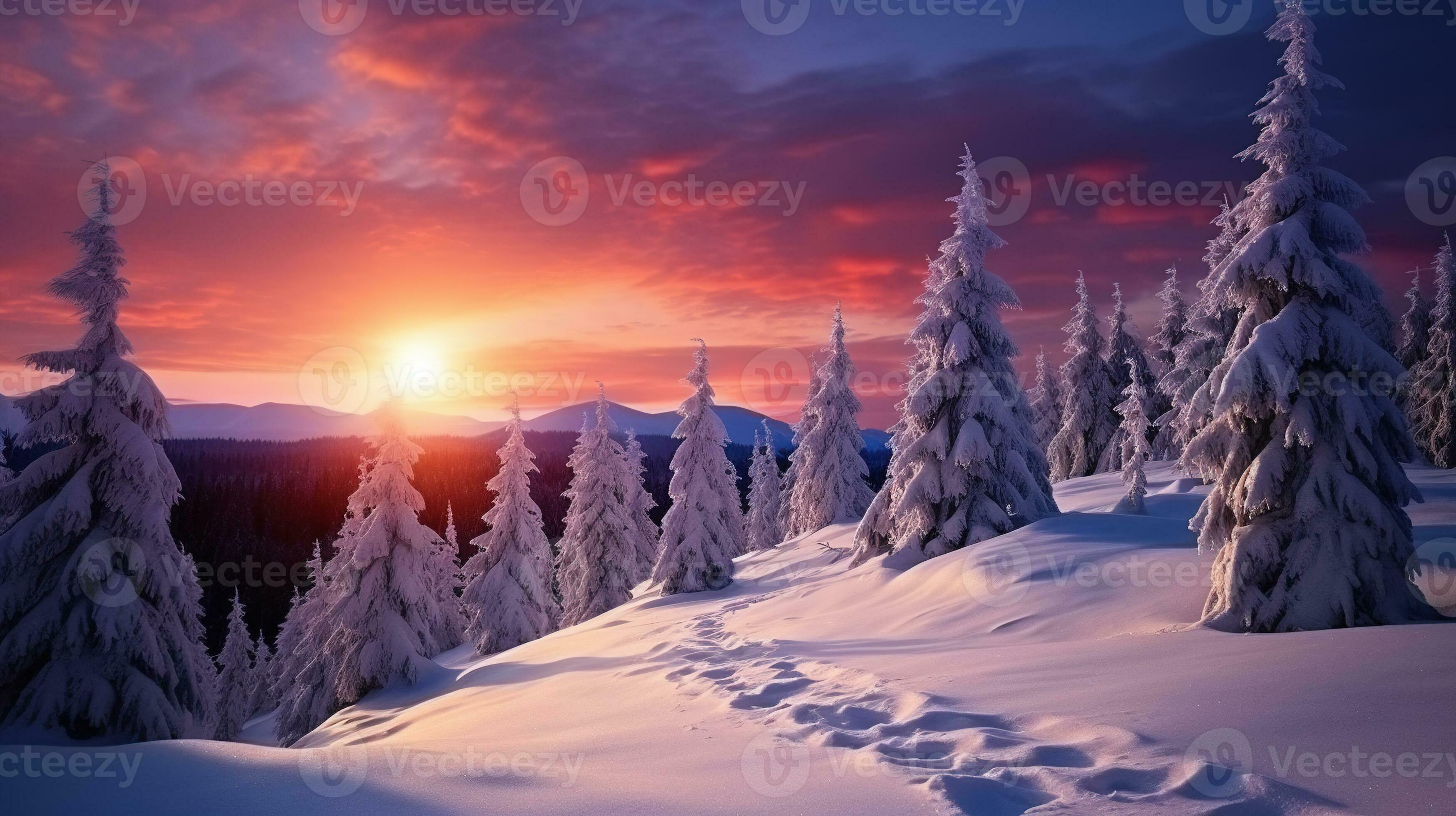 Winter landscape wallpaper with pine forest covered with snow and scenic sky at sunset. Snowy fir tree in beauty nature scenery AI Generative