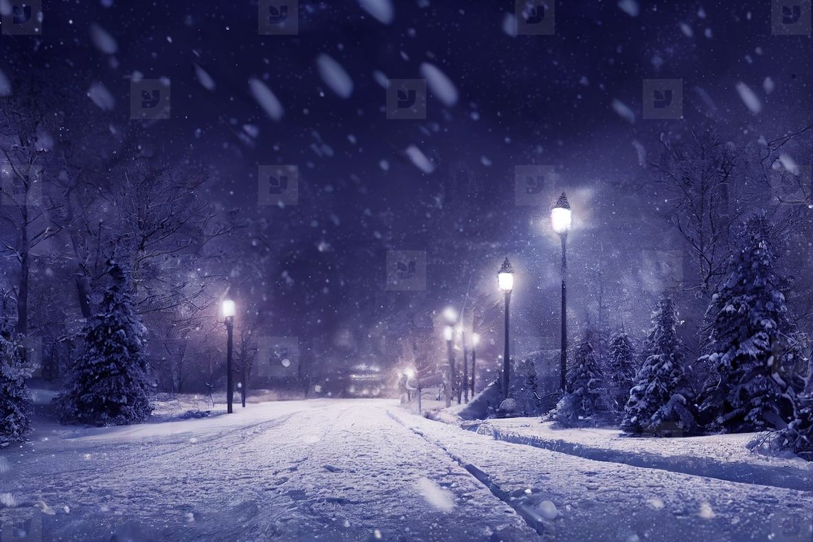 Landscape of snow storm winter background at night, digital art design