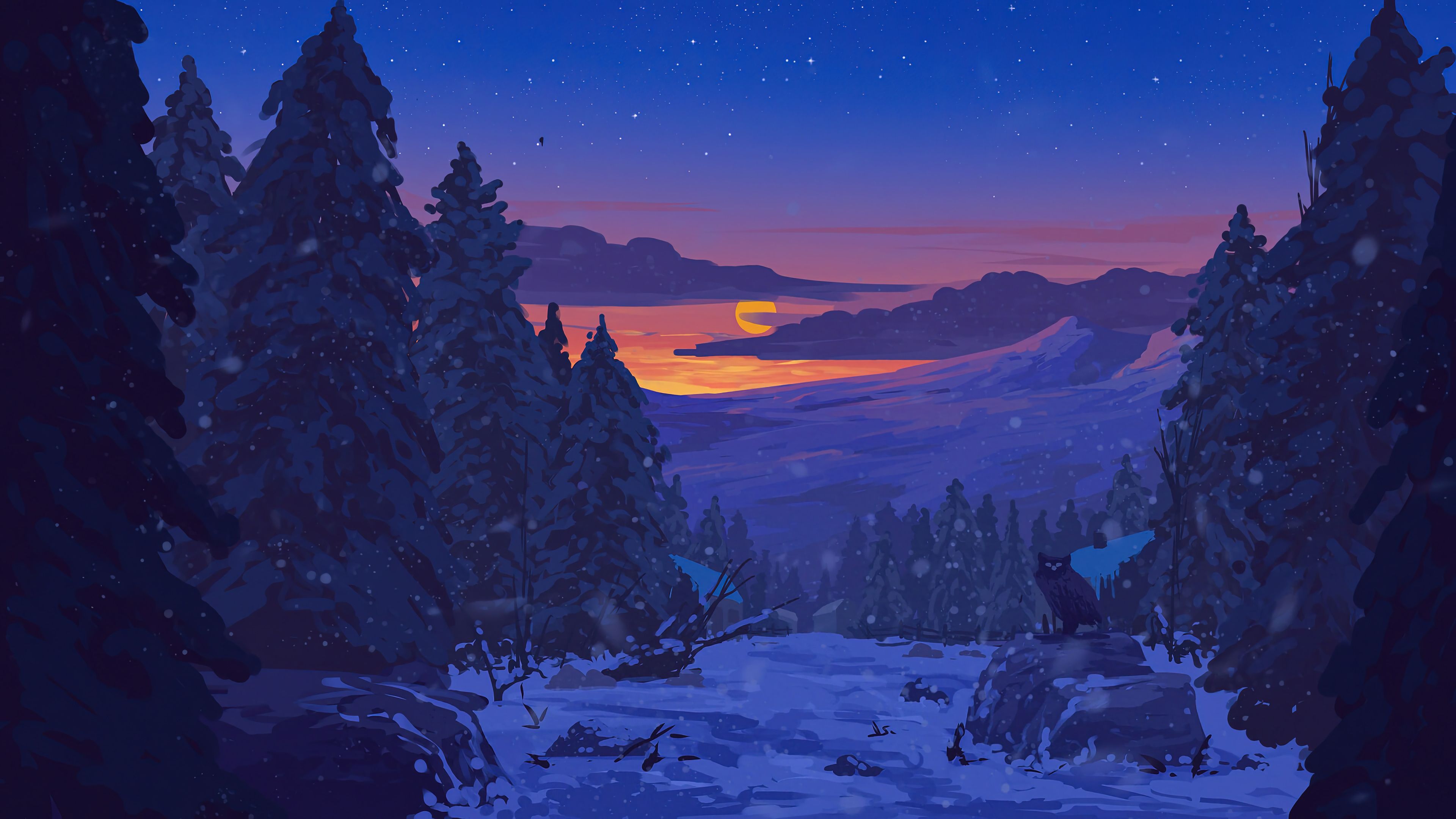 Sunset in snowy scenery Digital Art Wallpaper 4k Ultra HD