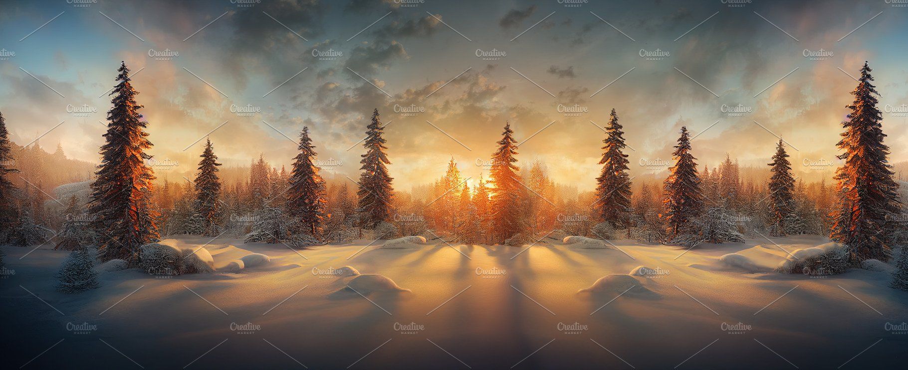 Winter landscape wallpaper with pine forest covered with snow an. Nature Creative Market