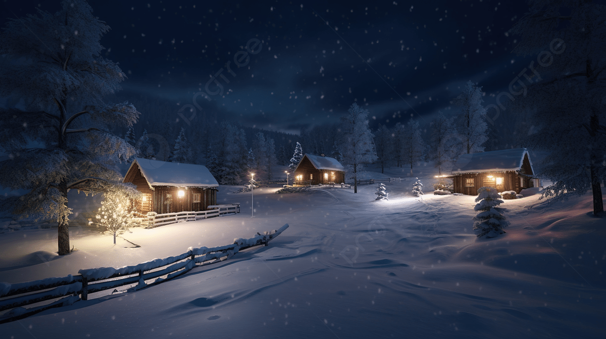 Christmas Cabins In Dark Winter Landscapes Background, 3D Christmas Snowy Landscape At Night, HD Photography Photo Background Image And Wallpaper for Free Download