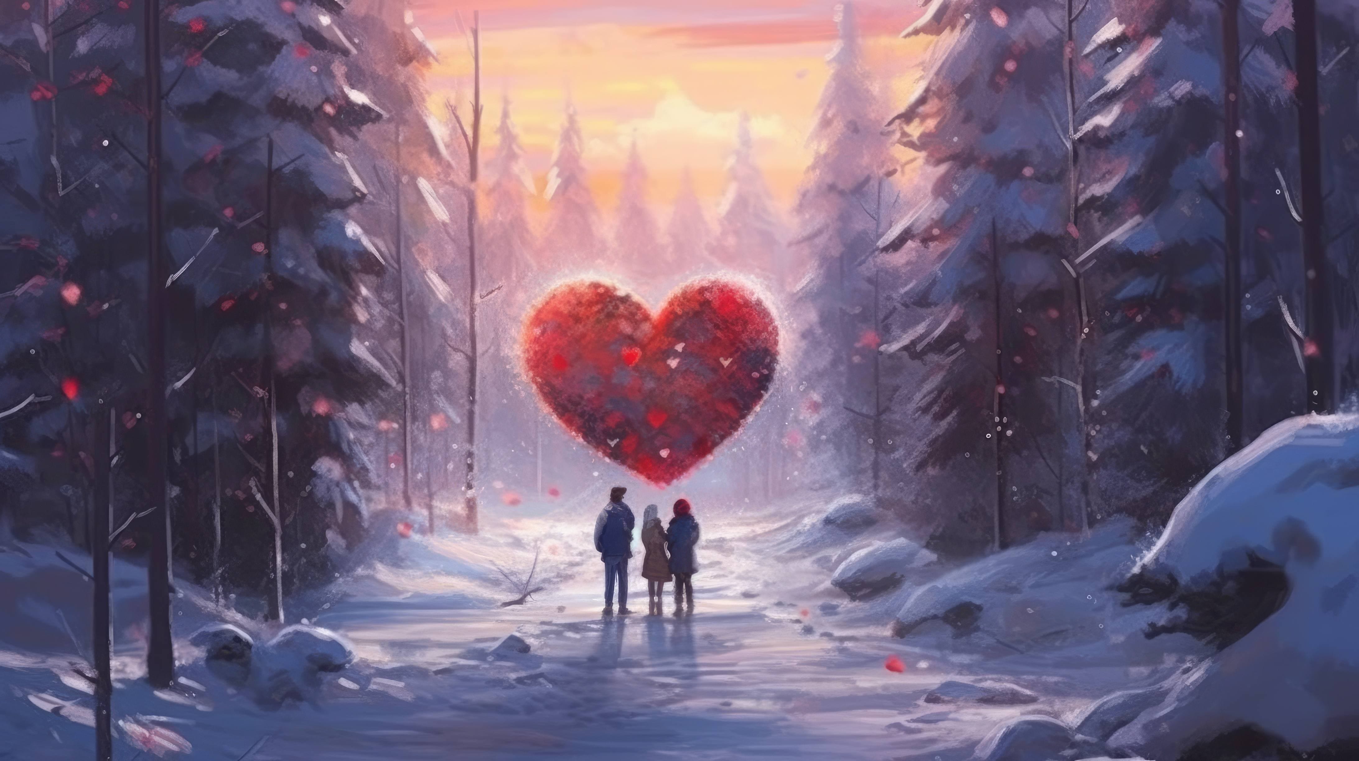 A 4K Ultra HD Wallpaper Depicting A Heart Shaped Snowman In A Snowy Landscape, With A Couple Standing Next To The Snowman And Wearing Colorful Winter Clothes