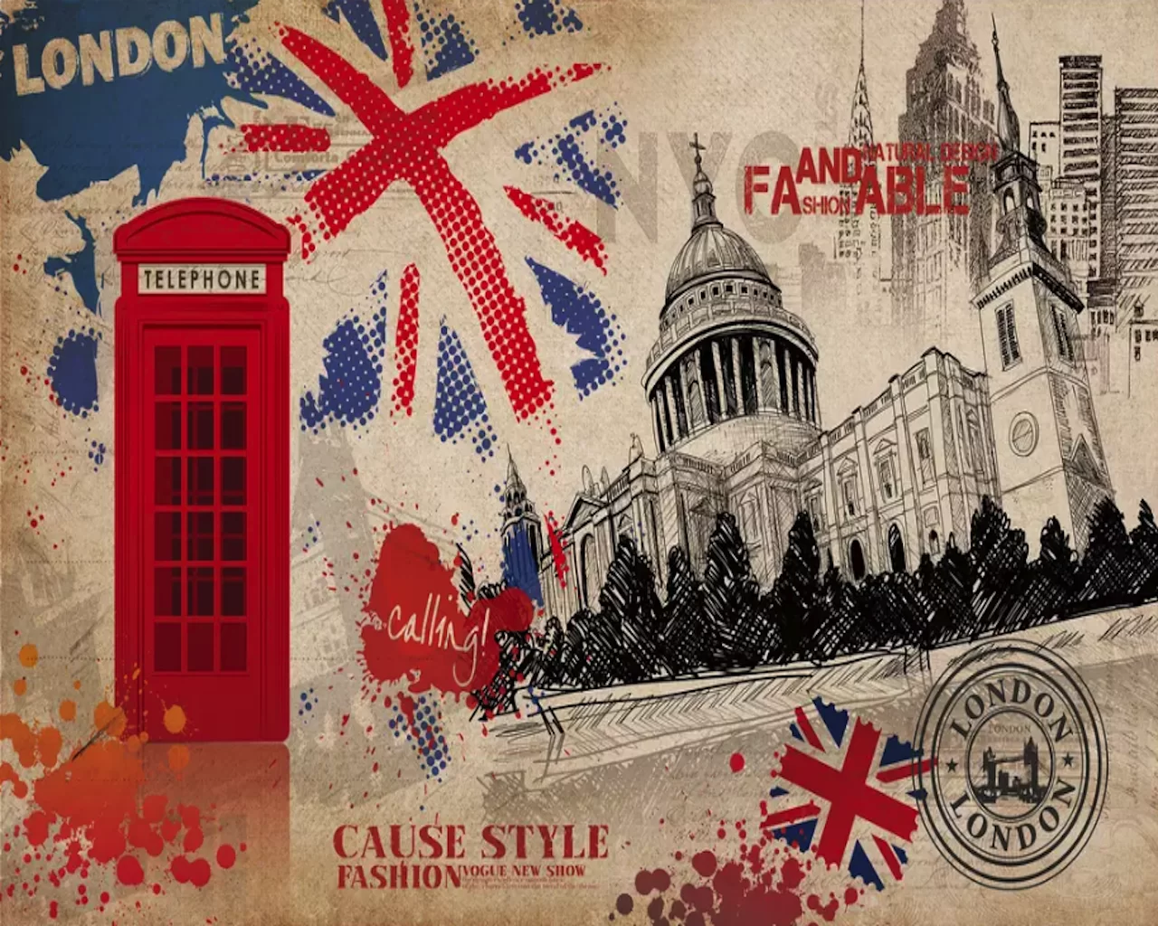 GK Wall Design London Landscape, English Flag And Phone Booth Textile Wallpaper - London