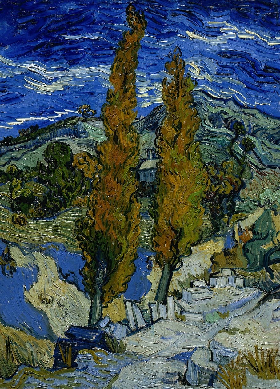 HD wallpaper: trees near mountain and body of water painting, vincent van gogh