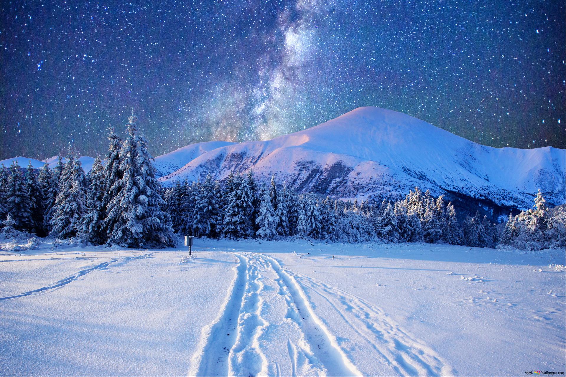 Night starry snow landscape 2K wallpaper download