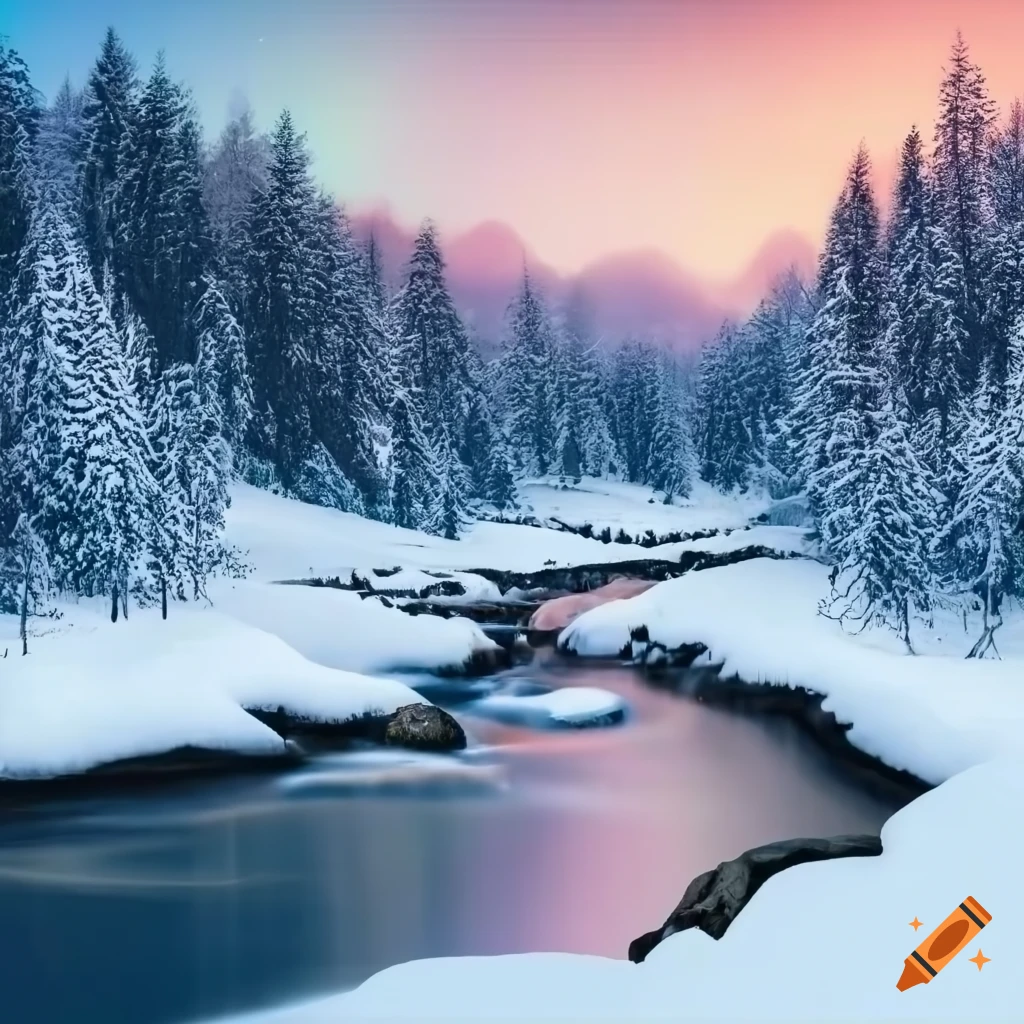 Beautiful snowy landscape with tall trees and mountains and a stream