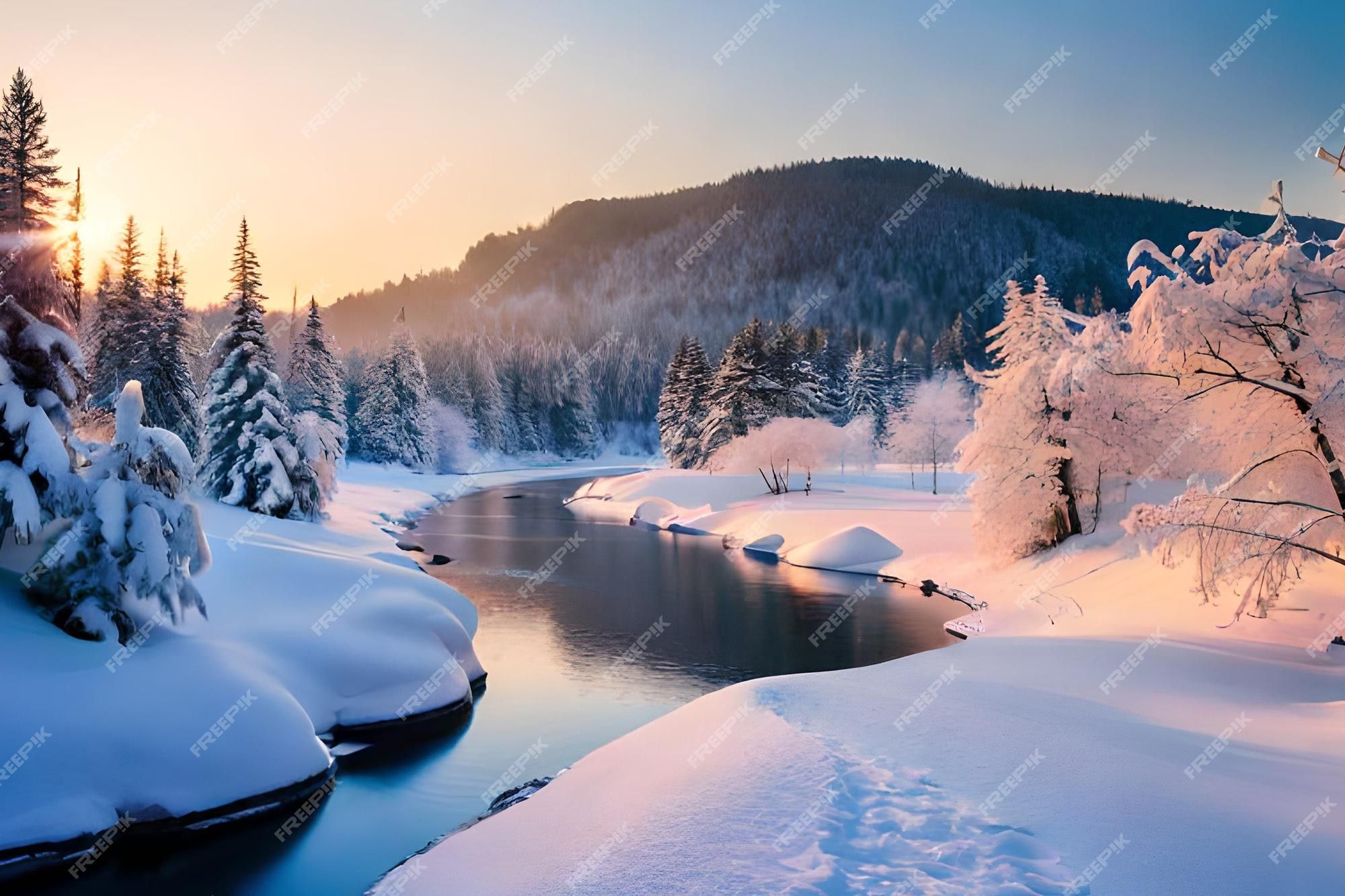 Premium Photo. A snowy landscape with a river and trees covered in snow