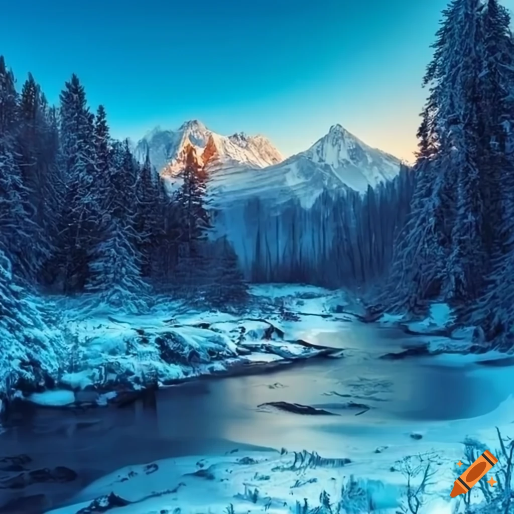 Beautiful snowy landscape with tall trees and mountains and a stream