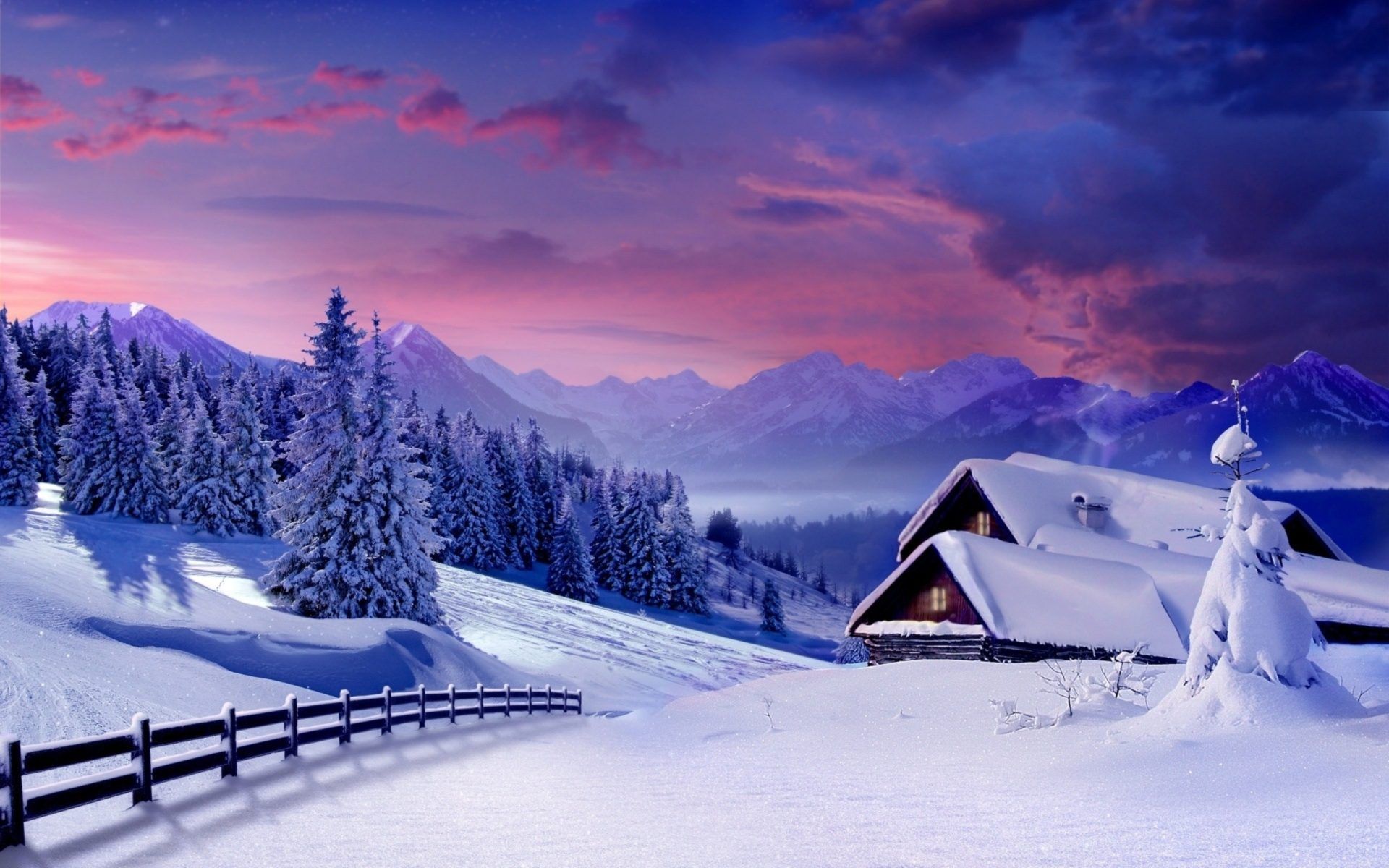 Winter Landscape Snowy Mountains Village Houses Covered With Snow Wooden Fence Forest With Christmas Trees HD Wallpaper 3840x2400 : Wallpaper13.com