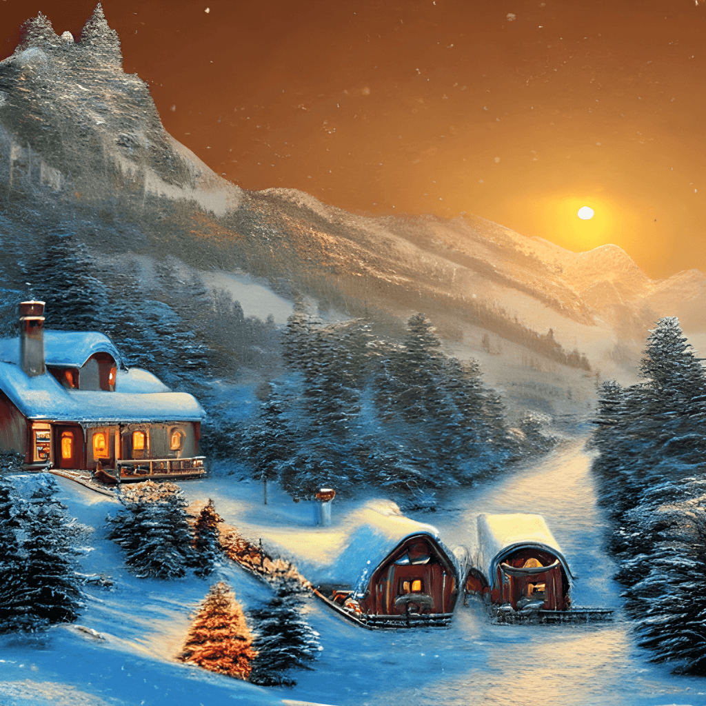 Snowy Landscape with Cabin and Snowman · Creative Fabrica