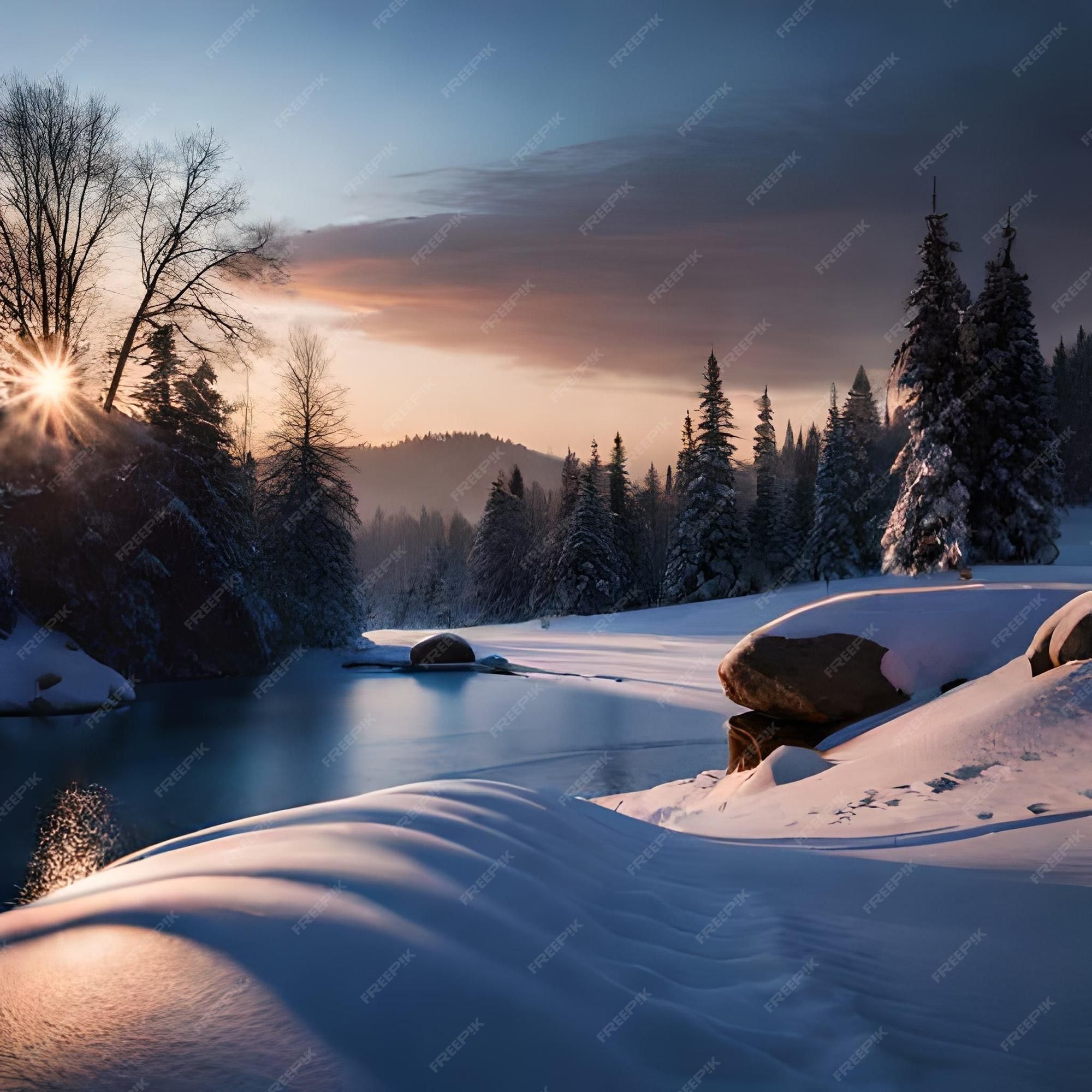 Premium Photo. A snowy landscape with a river and a snowy mountain in the background