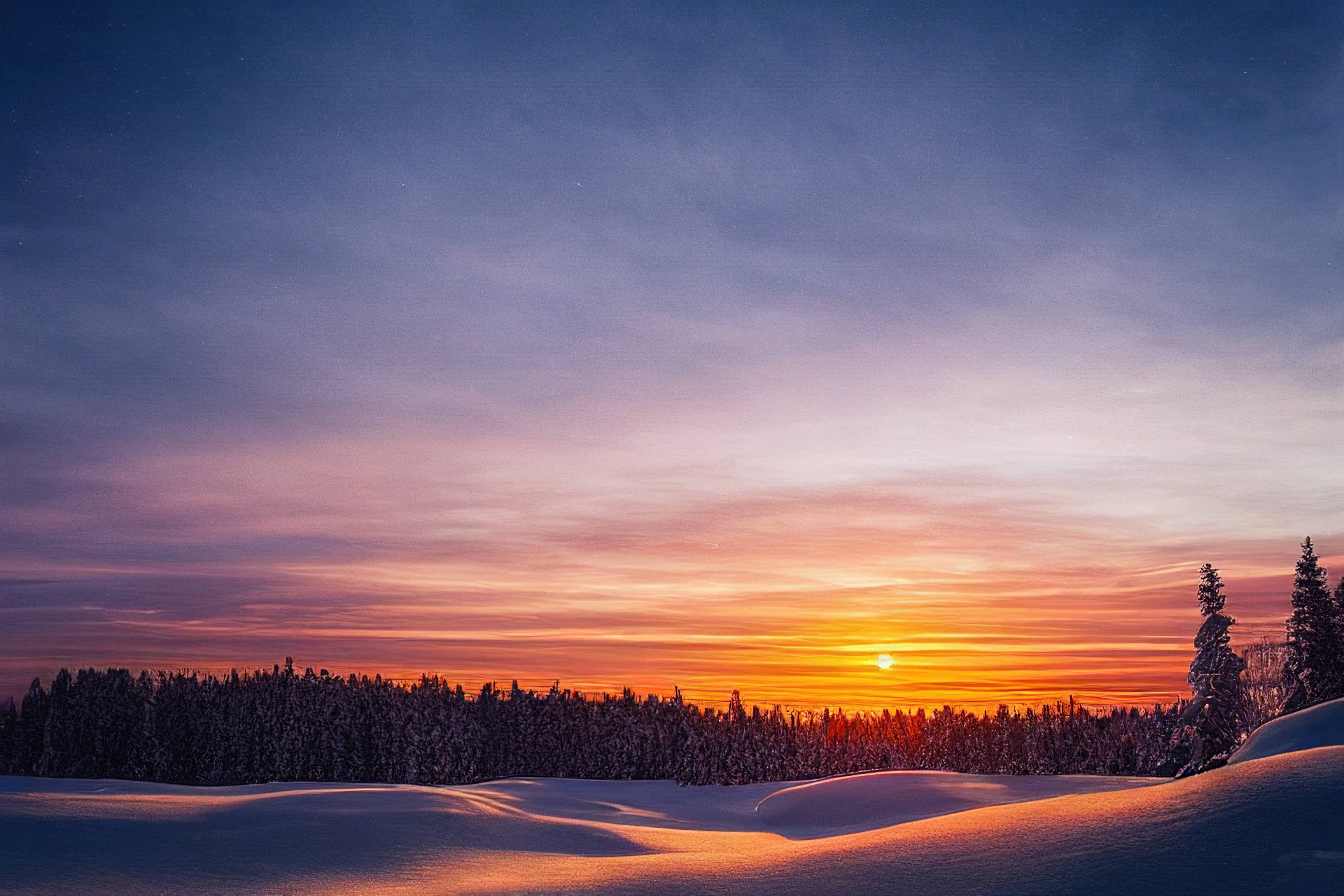 A sunset over a snowy landscape