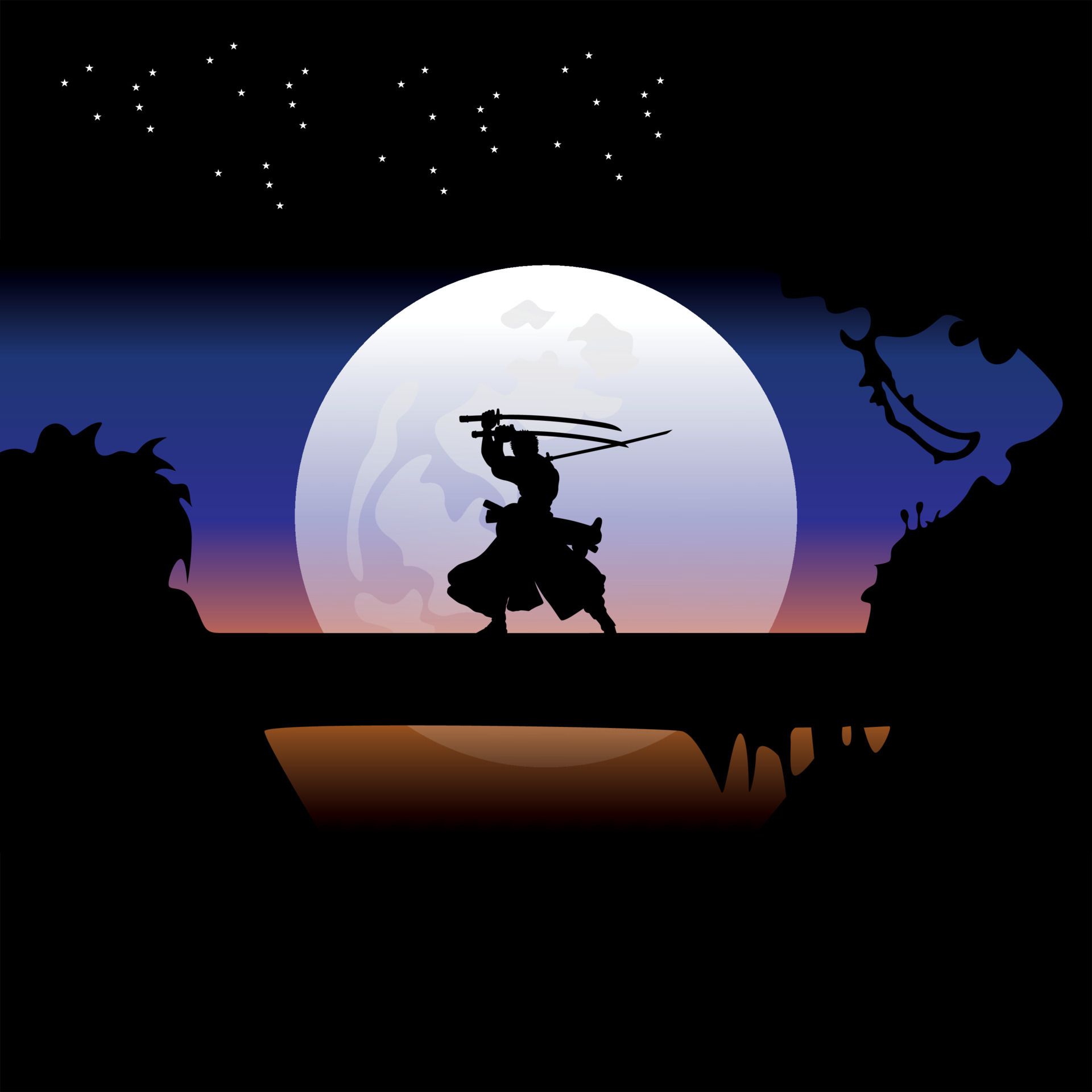 illustration vector graphic of Samurai training at night on a full moon. Perfect for wallpaper, poster, etc. Illustration vector style, Colorful view background, One Piece, Roronoa Zoro