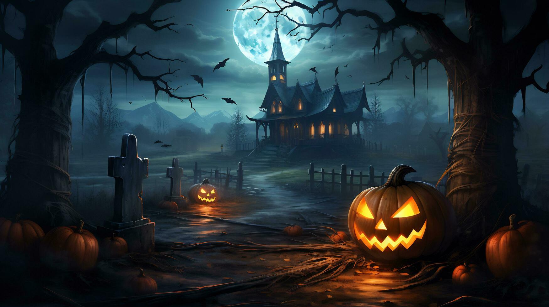 Spooky halloween wallpaper with pumpkin and old house