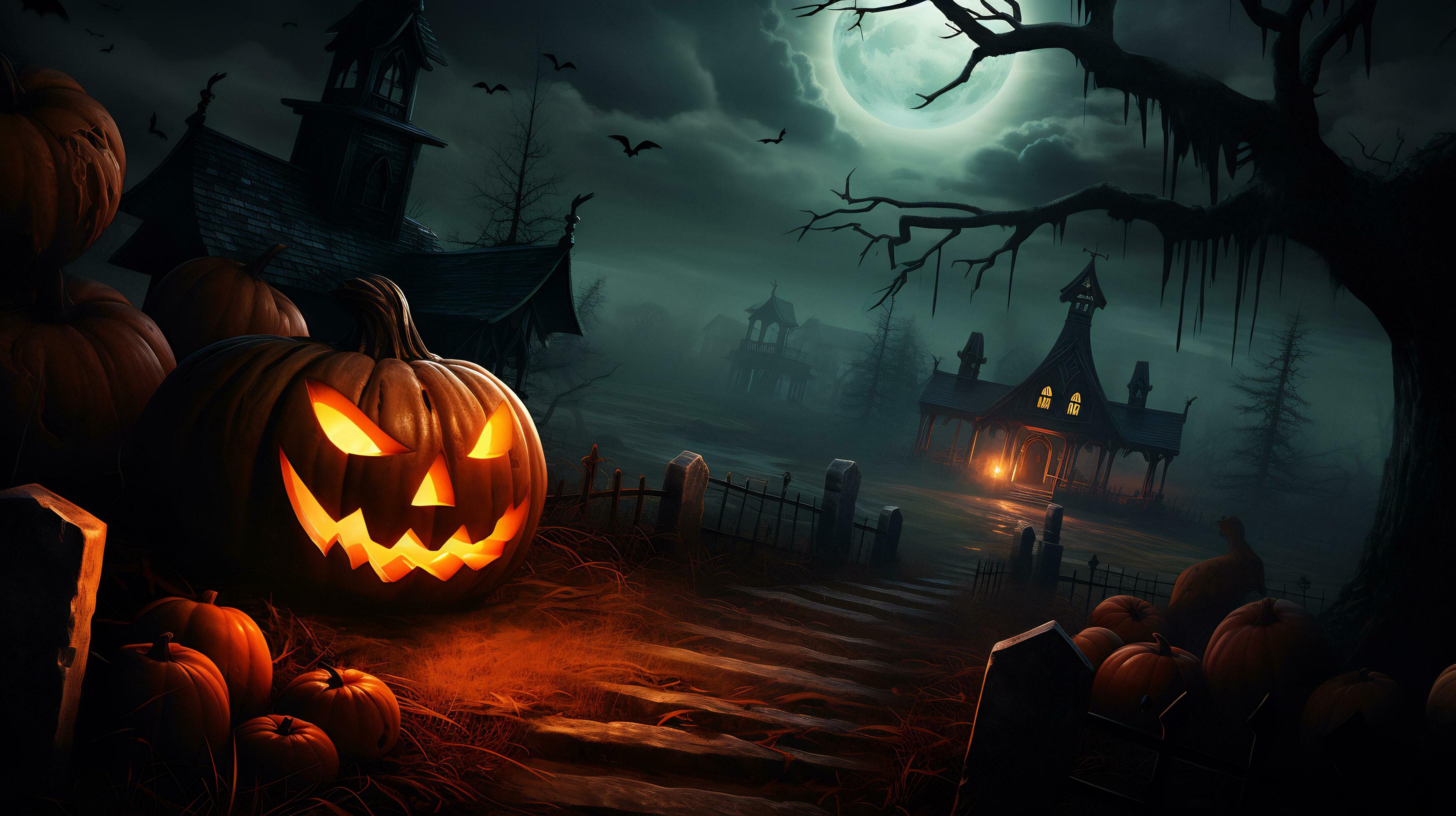 Spooky halloween wallpaper with pumpkin and old house