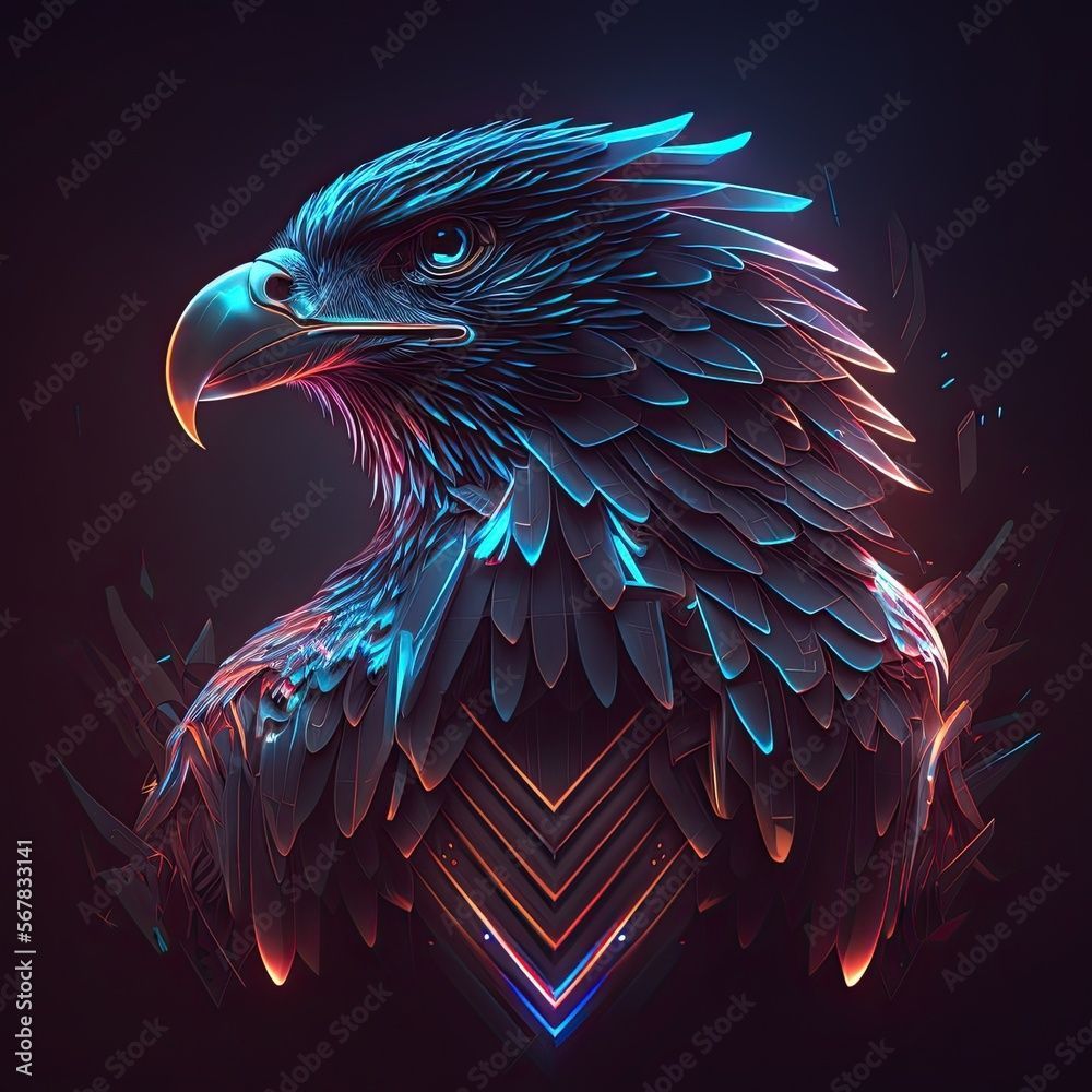 Abstract neon light Eagle, artwork design, digital art, wallpaper, glowing, space background. Generative ai Stock Illustration