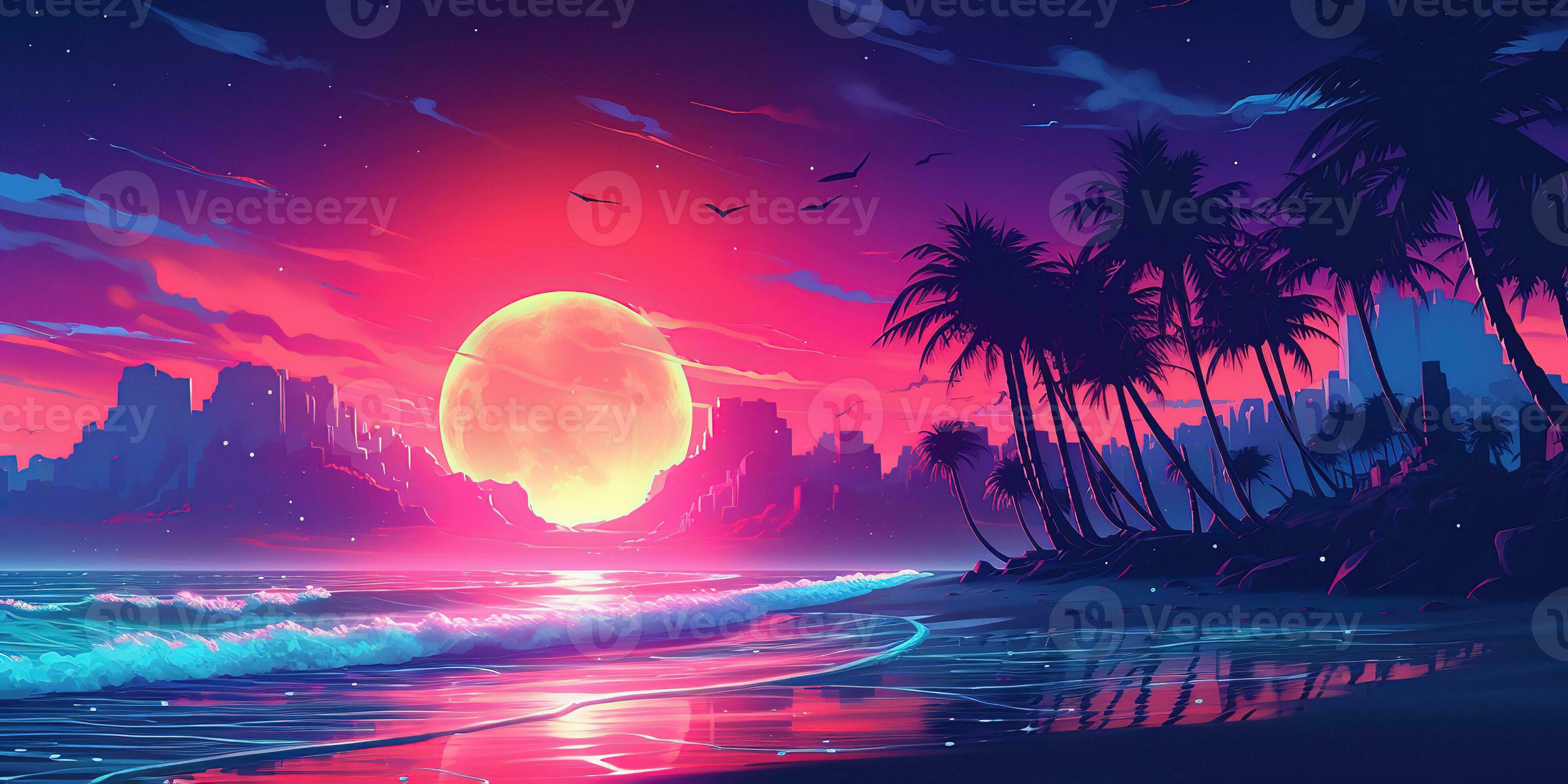 Aesthetic beach synthwave retrowave wallpaper with a cool and vibrant neon design, AI Generated