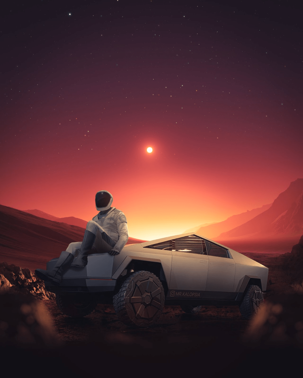 Starman resting at his Tesla Cybertruck on Mars by Eashan Misra. Starman, Tesla, Tesla motors