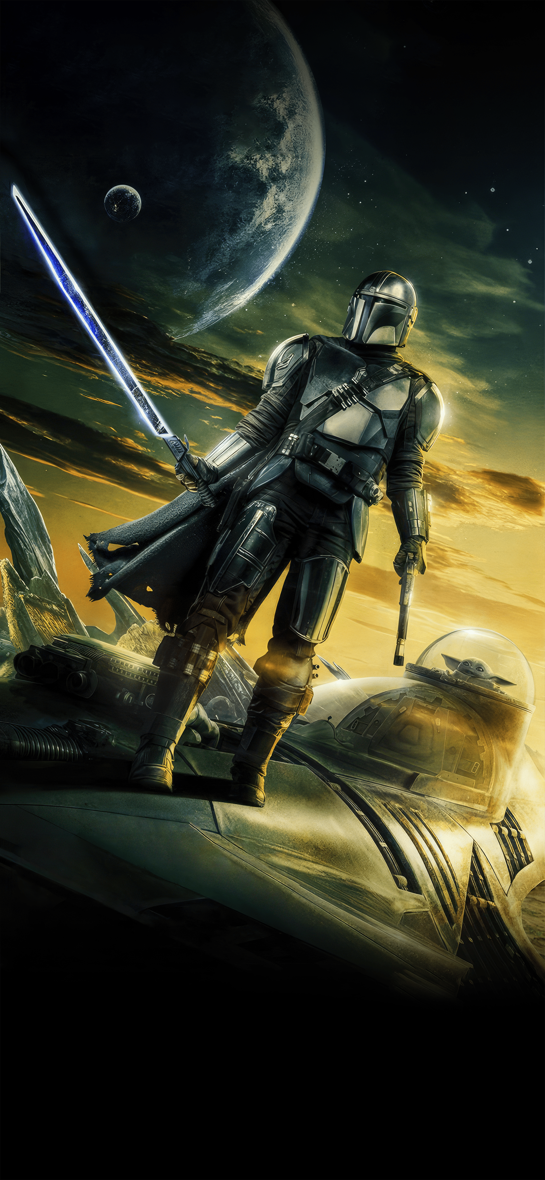 Removed the text from the new Dark Saber Mandalorian Season 3 poster to make a Mobile Wallpaper