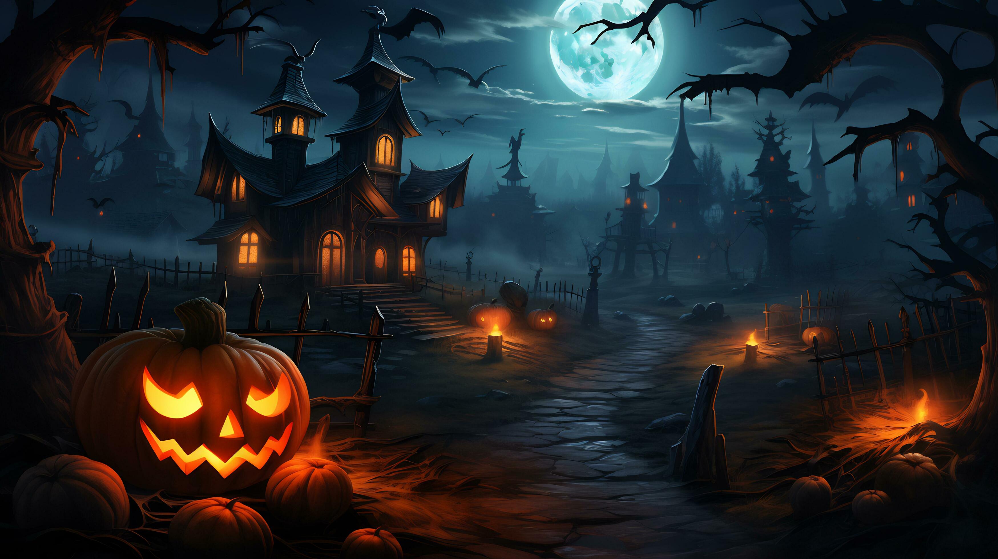 Spooky halloween wallpaper with pumpkin and old house