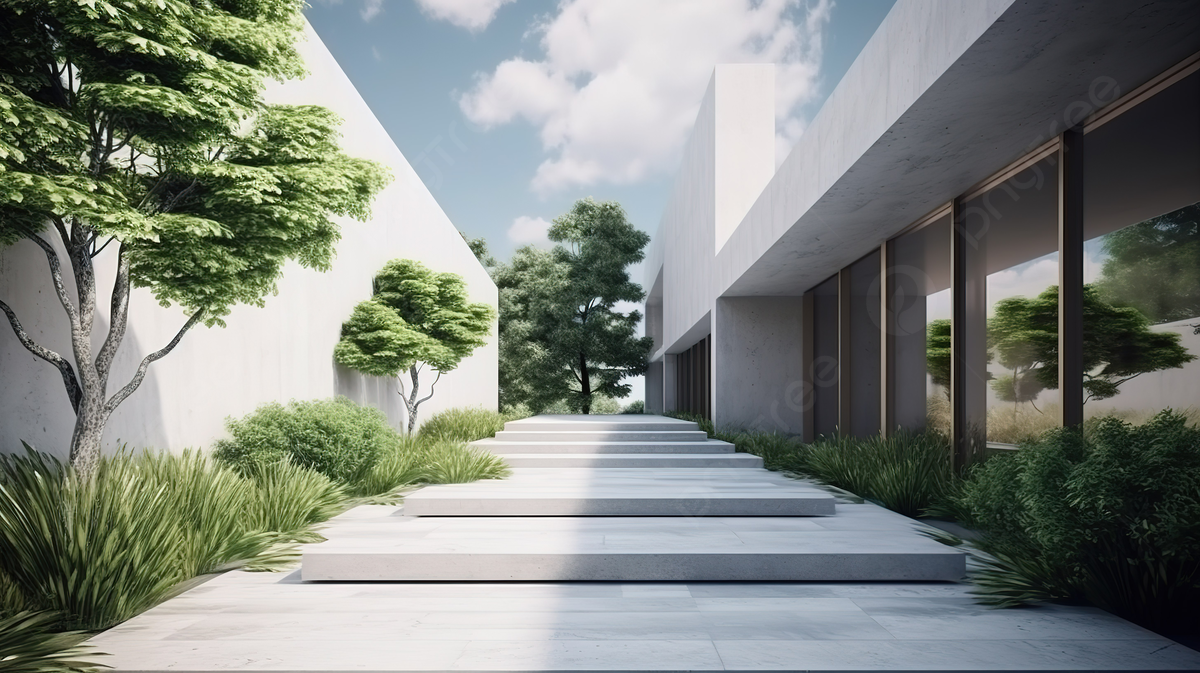 Building Courtyard At Entrance Courtyard Facade Of Modern Concrete House 3D Rendering Background, 3D Rendering Illustration Of Modern Minimal House With Natural Landscape And Walkway, HD Photography Photo Background Image And Wallpaper