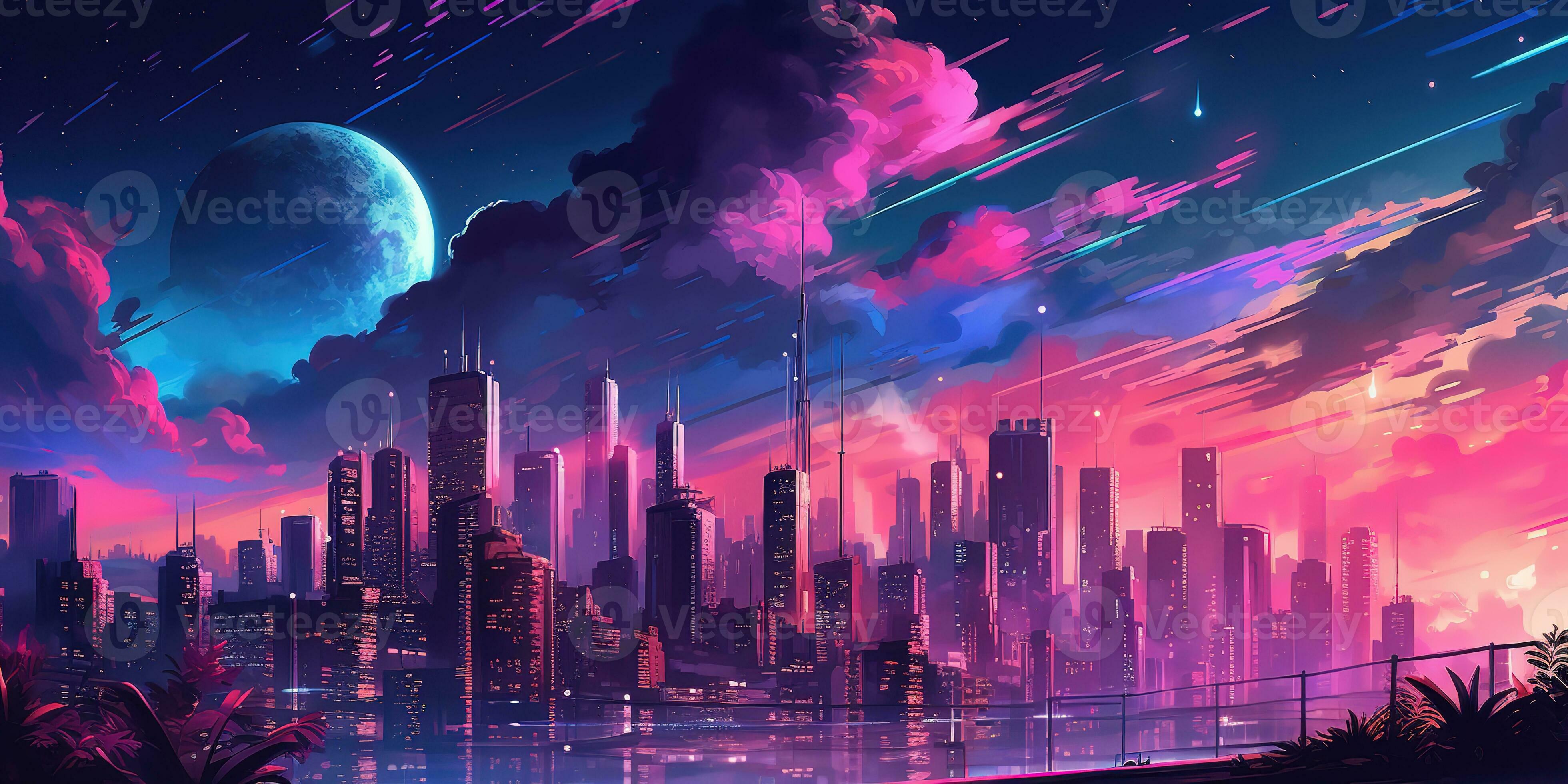 Aesthetic city synthwave wallpaper with a cool and vibrant neon design, AI Generated