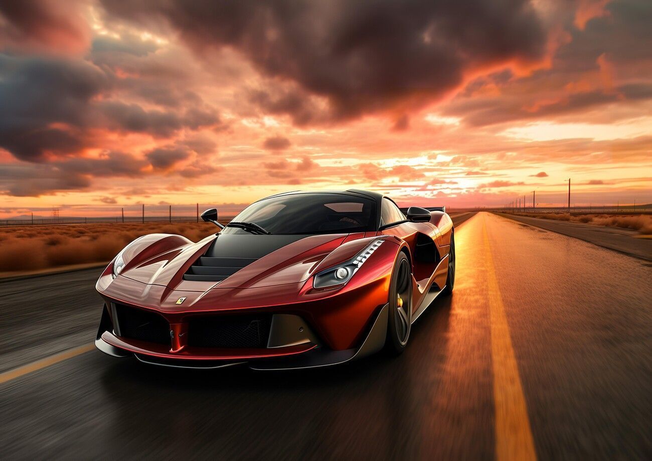 Wall Art Print. La Ferrari Red Sport Car in Sunset on the Highway