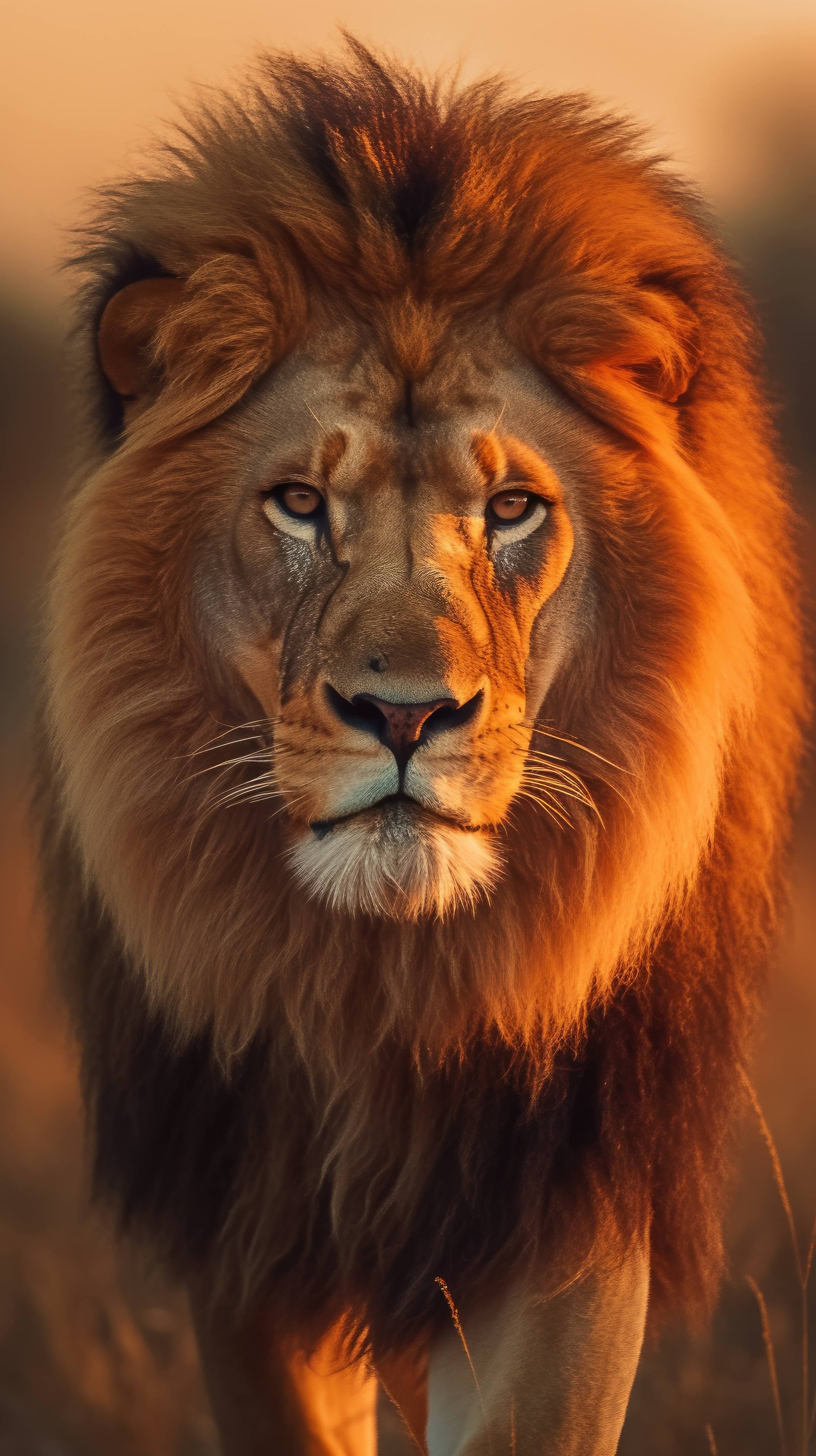 A 4K ultra HD mobile wallpaper showcasing a majestic Lion, the king of the savannah, with its magnificent mane and intense gaze, basking in the golden light of the African sunset