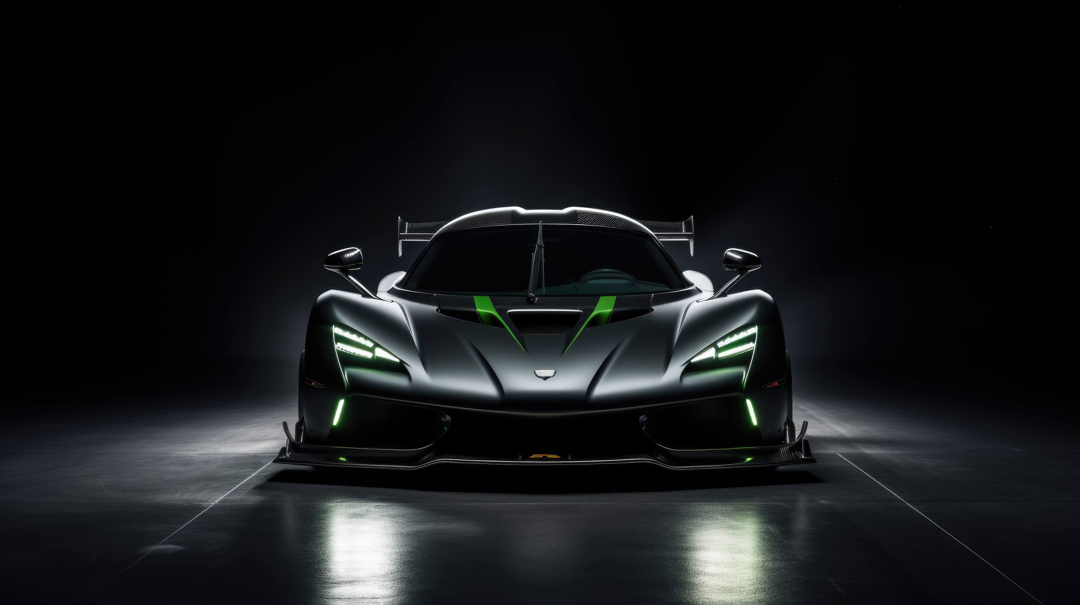 Koenigsegg Jesko, aggressive silhouette, spotlight glow, darkened showroom