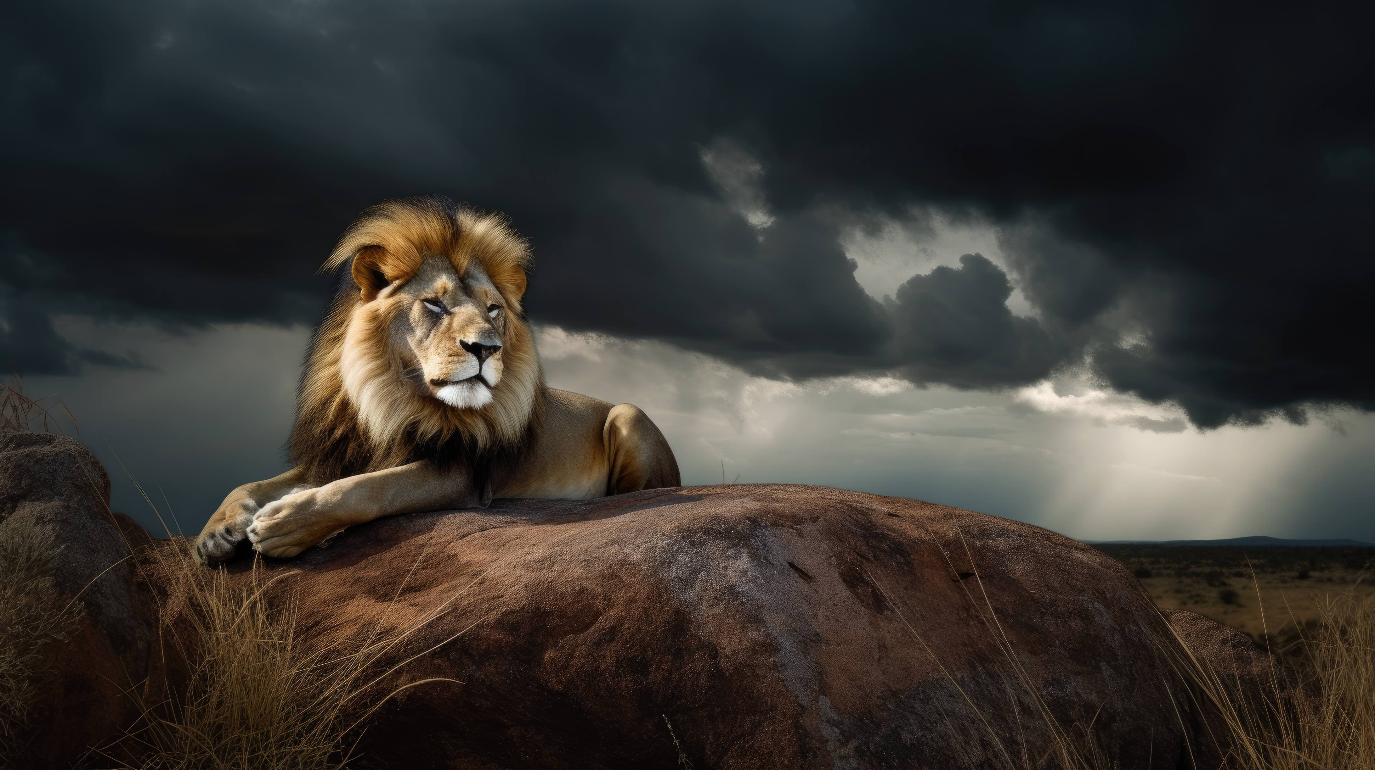 a stunning desktop wallpaper featuring a majestic lion resting on a rock in the savanna with a stormy sky in the background -ar 16:9