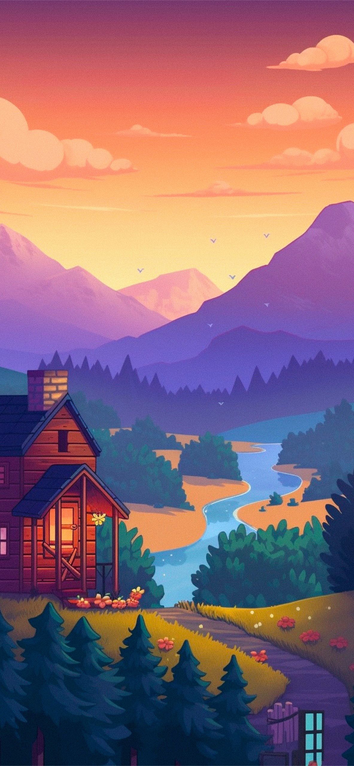 Stardew Valley House River & Mountains Wallpaper for iPhone 4k