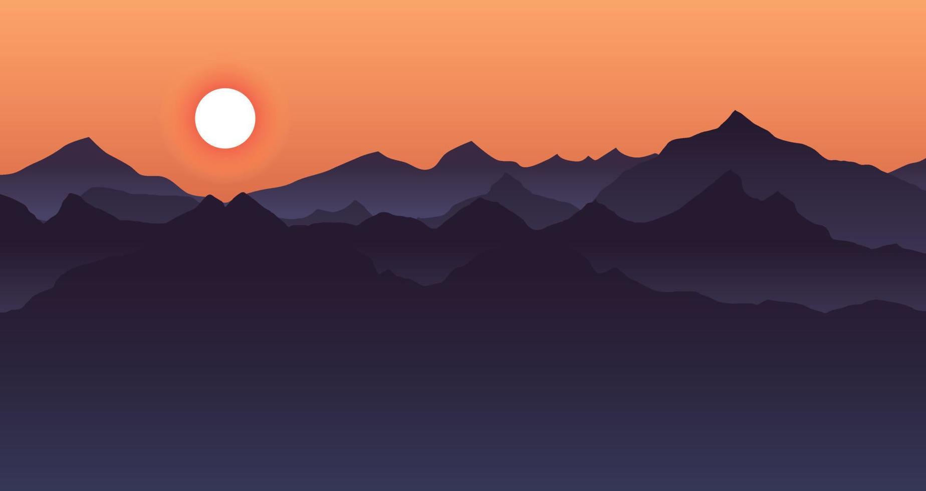 Beautiful blue mountain landscape with sunrise and sunset in mountains background. Dark, night time. Outdoor and hiking concept. Sun in the sky. Vector. Good for wallpaper, site banner, cover, poster 7162596 Vector