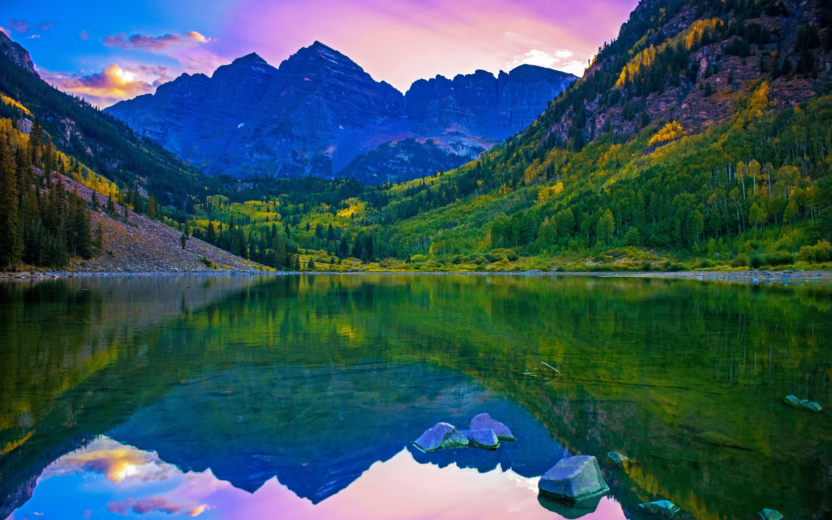 Rocky Mountains Wallpaper 4K, Lake, Green Trees, Reflection