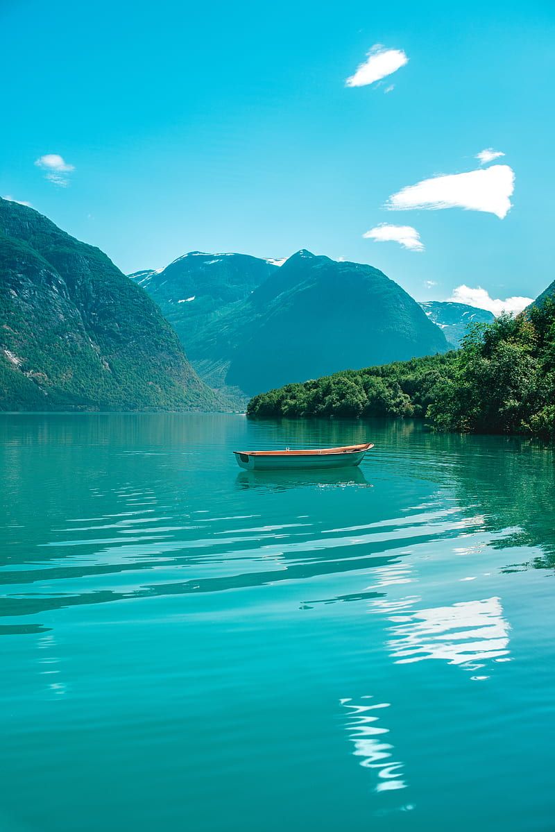 Boat, mountains, lake, water, horizon, HD phone wallpaper