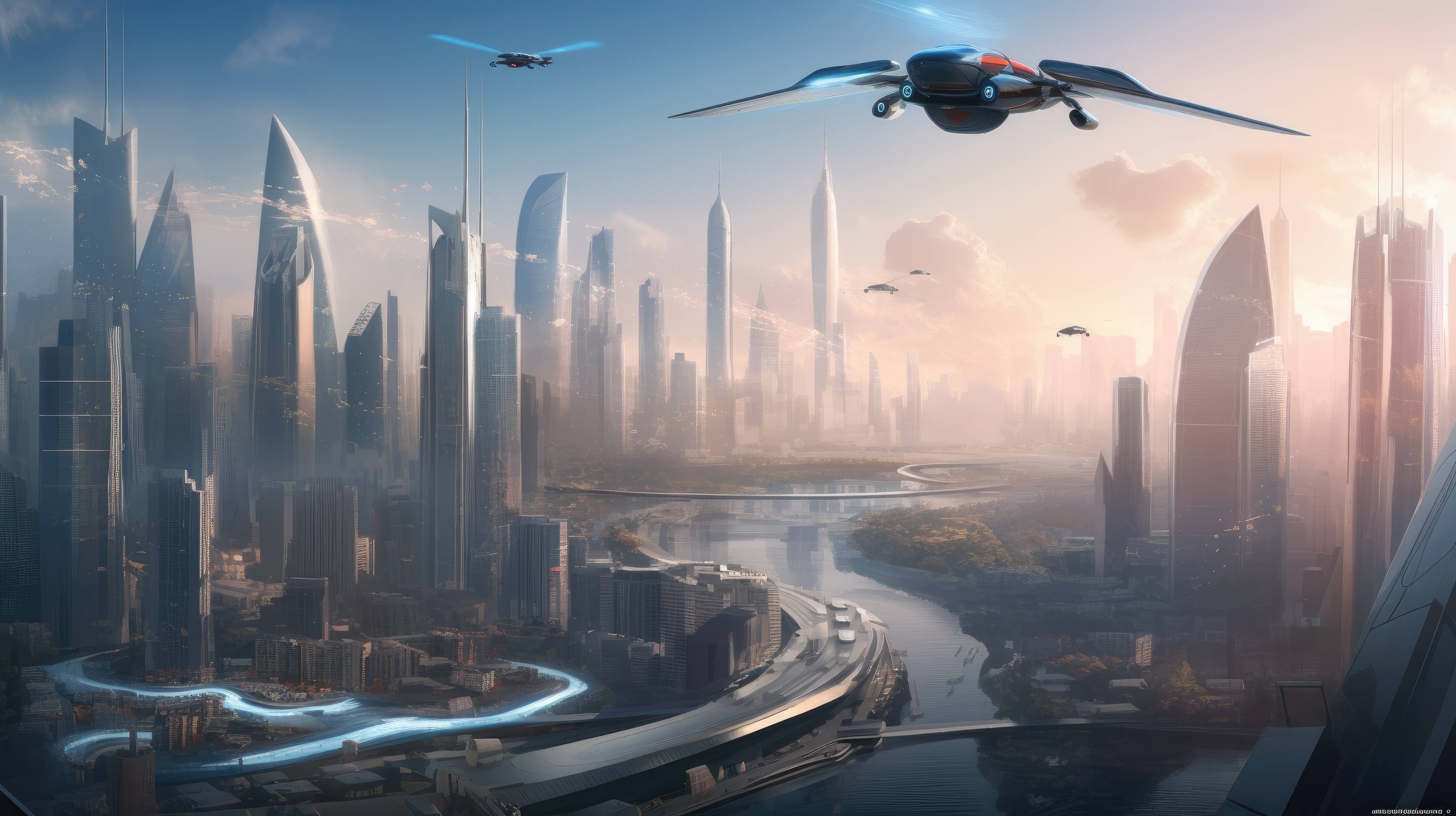 a futuristic cityscape desktop wallpaper with towering skyscrapers and flying cars