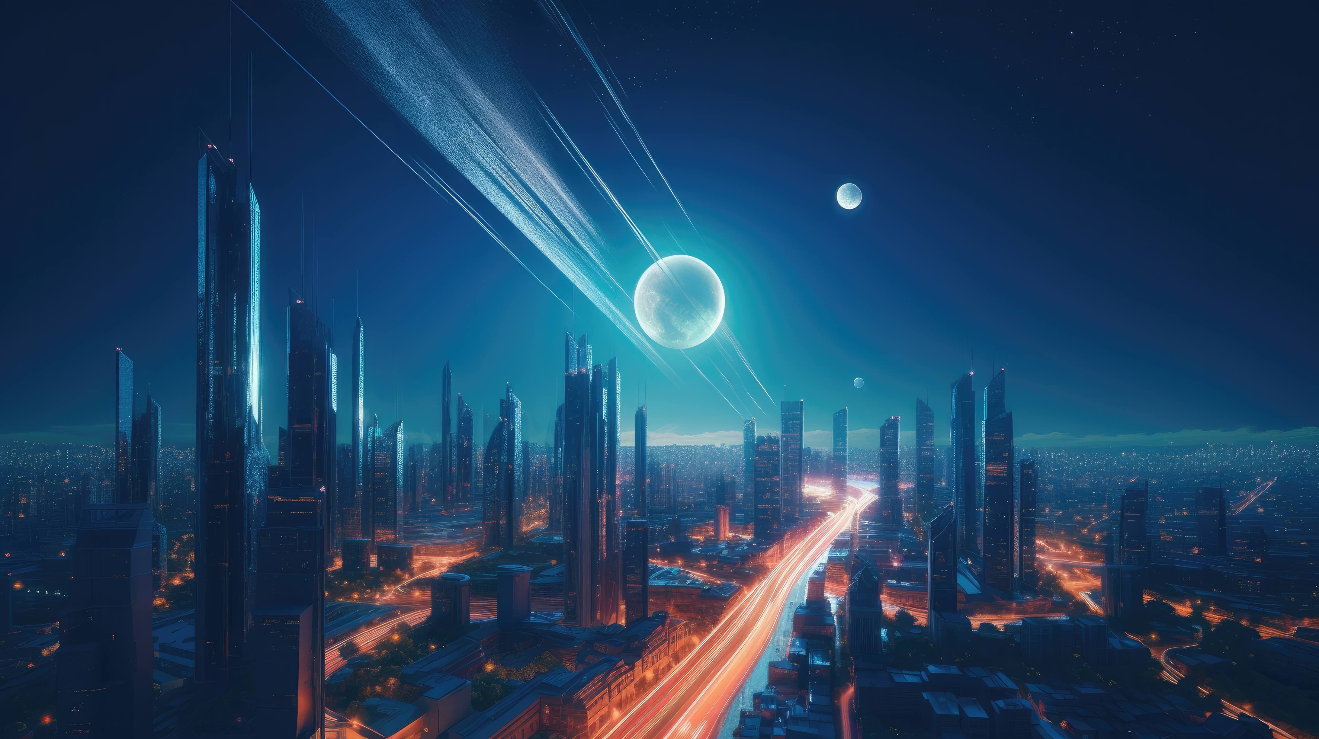 A 4K ultra HD wallpaper of a futuristic cityscape at night, with neon lights illuminating the towering skyscrapers and hovercars zooming, while a full moon casts a soft blue