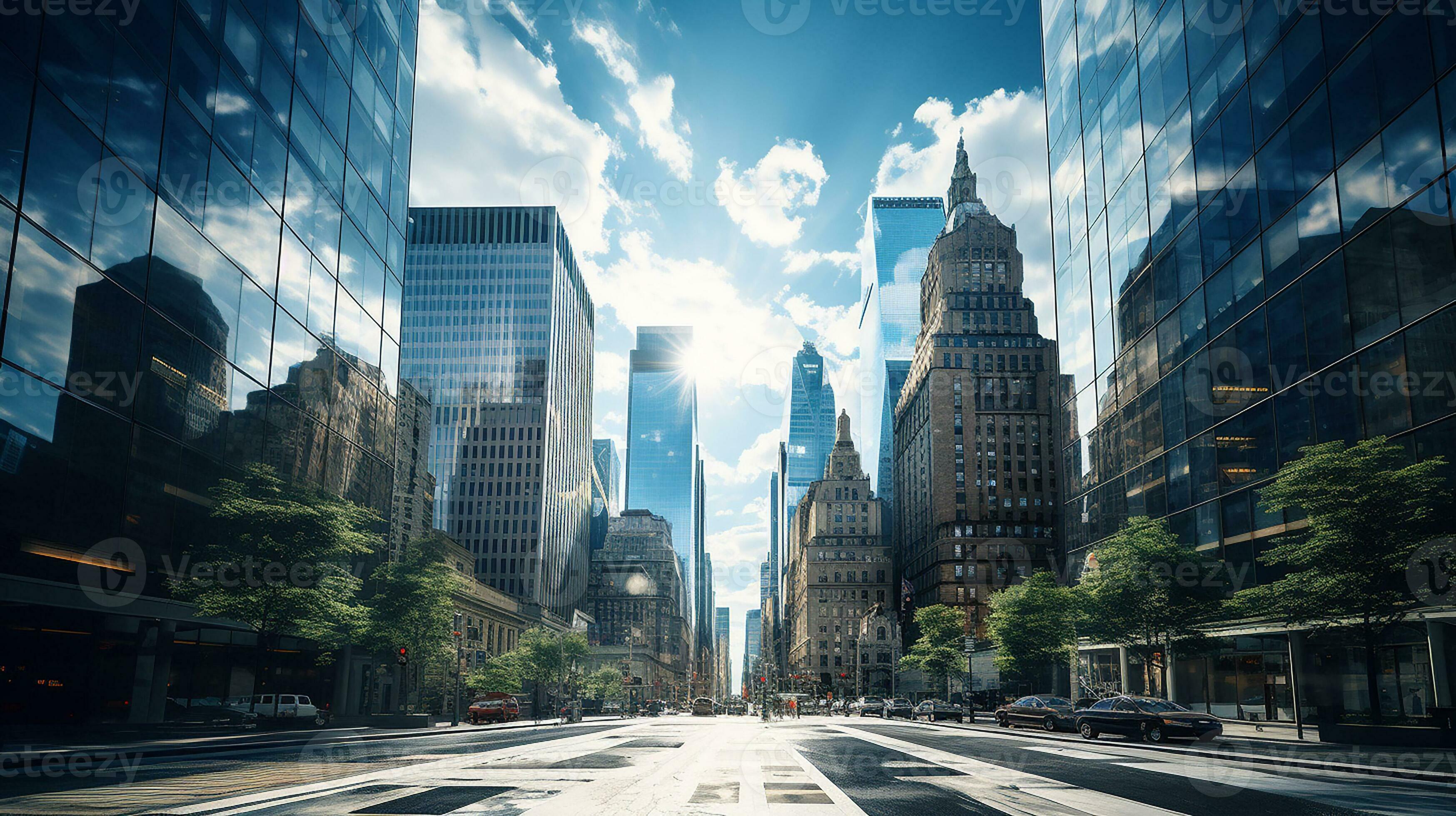 Reflective Skyscrapers, Business Office Buildings. Low Angle View Of Skyscrapers In City, Sunny Day. Business Wallpaper With Modern High Rises With Mirrored Windows