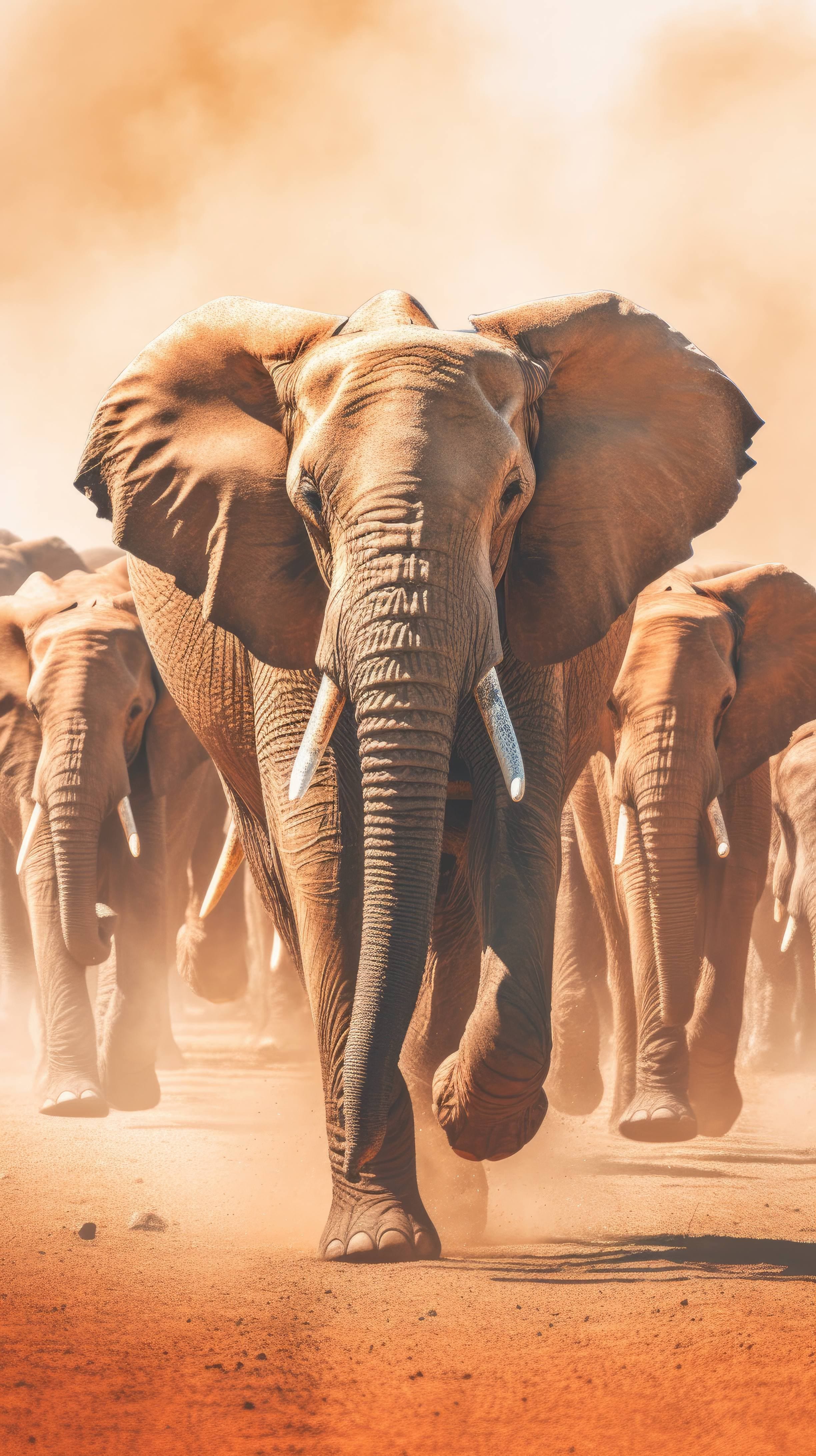 A 4K Ultra HD Mobile Wallpaper Featuring A Group Of Powerful And Awe Inspiring African Elephants, Walking Majestically In A Line, Their Massive Bodies And Long Tusks Creating A Mesmerizing Sight