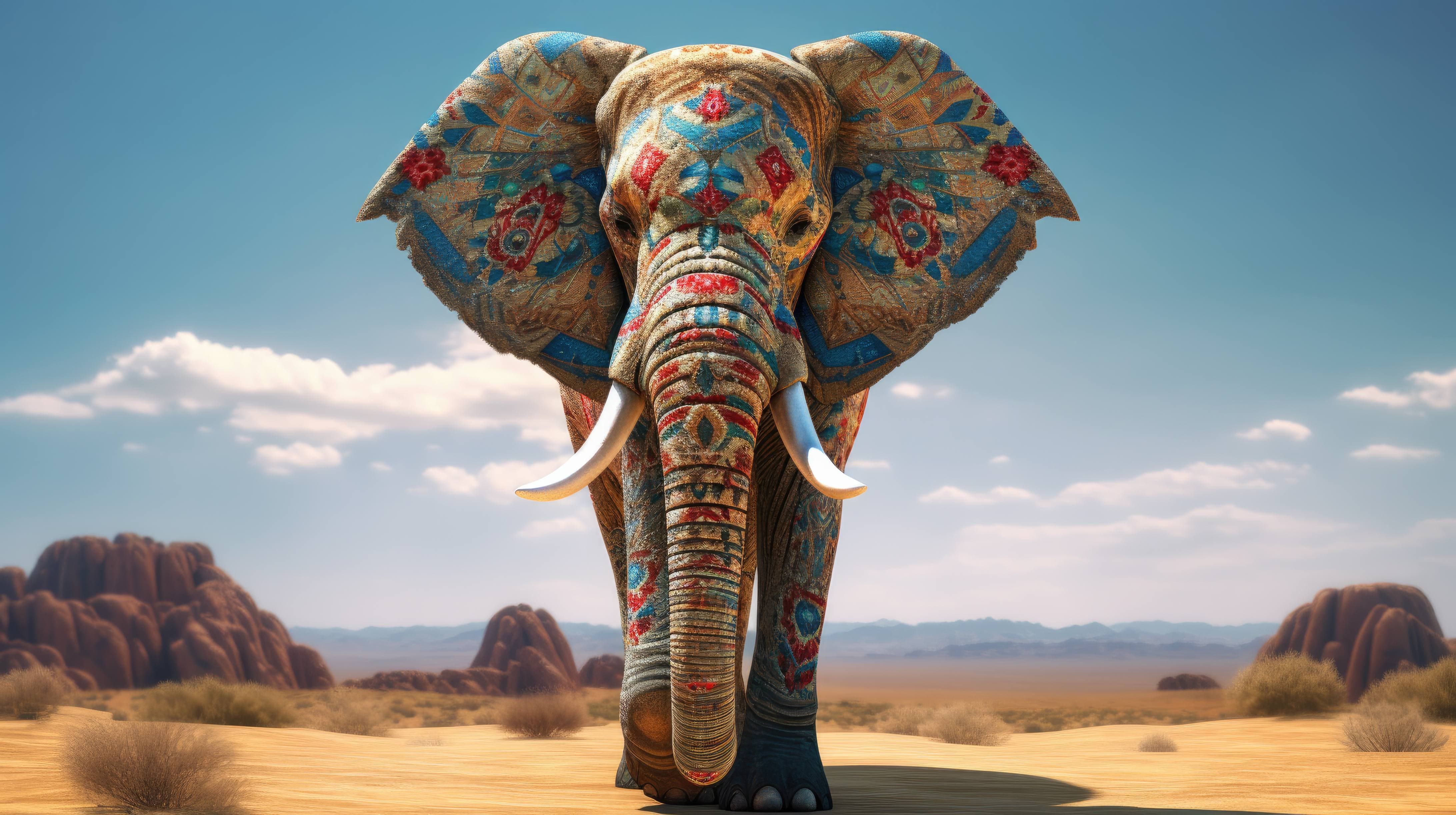 A 4K ultra HD wallpaper of a charismatic elephant wearing a patterned bandana and adorned with intricate body paint, standing majestically in a desert landscape