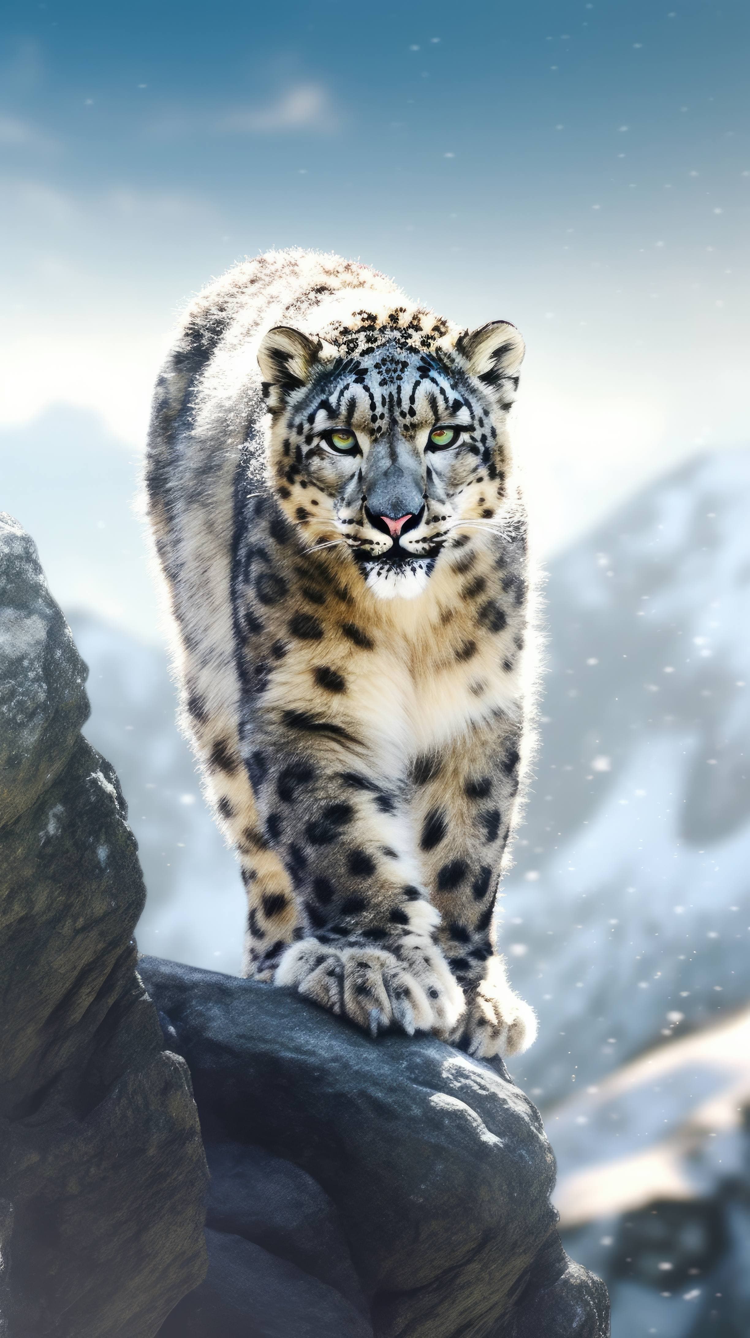 A 4K ultra HD mobile wallpaper depicting a fierce and determined Snow Leopard, perched on a rocky cliffside, its thick fur camouflaging seamlessly with the wintry surroundings, showcasing the beauty and adaptability