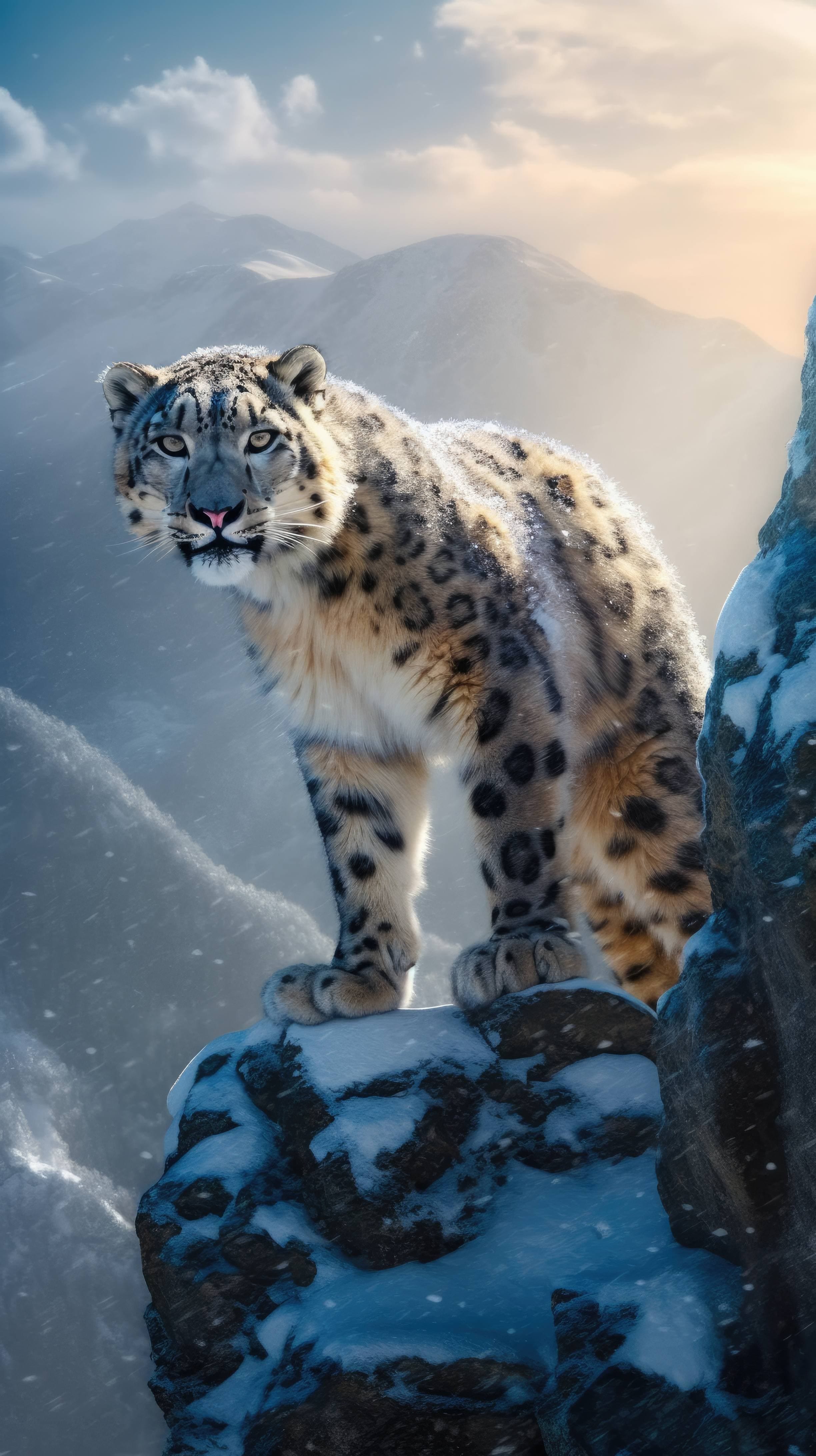 A 4K ultra HD mobile wallpaper depicting a fierce and determined Snow Leopard, perched on a rocky cliffside, its thick fur camouflaging seamlessly with the wintry surroundings, showcasing the beauty and adaptability