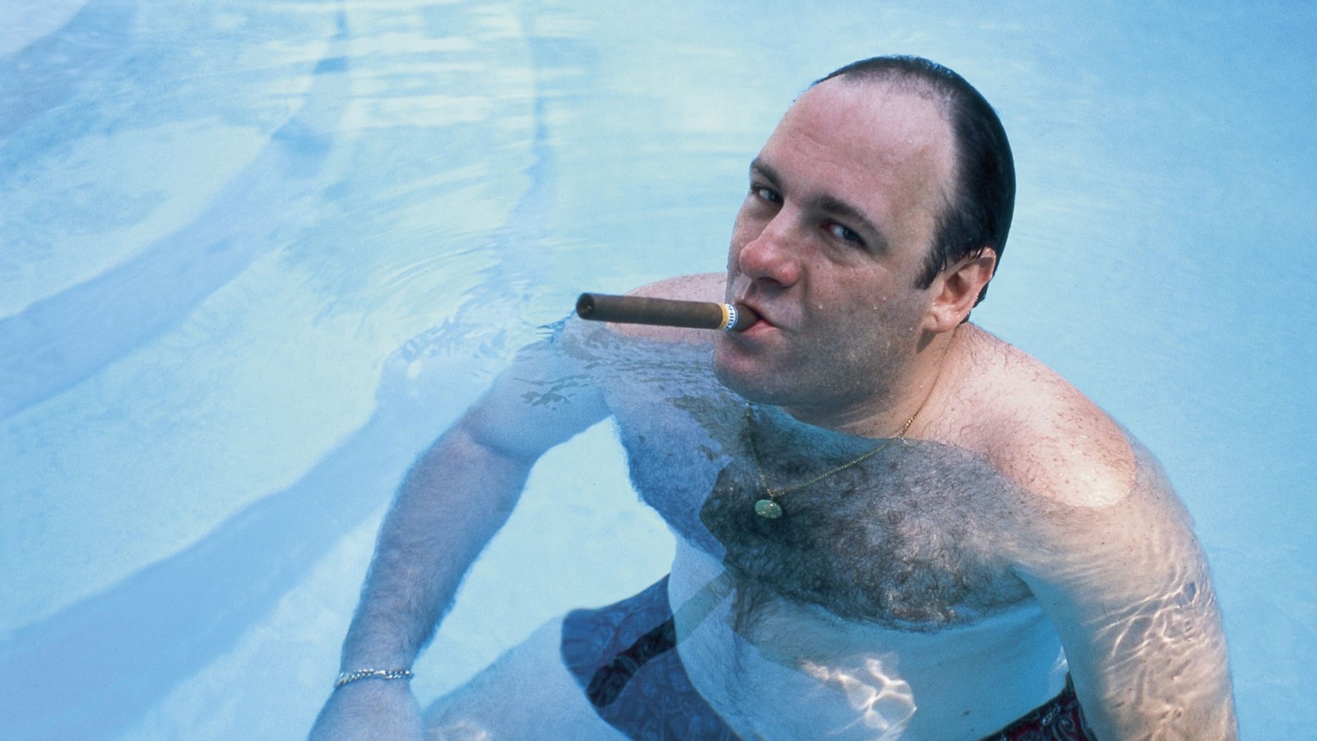 Tony Soprano, cigars, James Gandolfini, swimming pool, The Sopranos, cyan, TV series, menx1080 Wallpaper