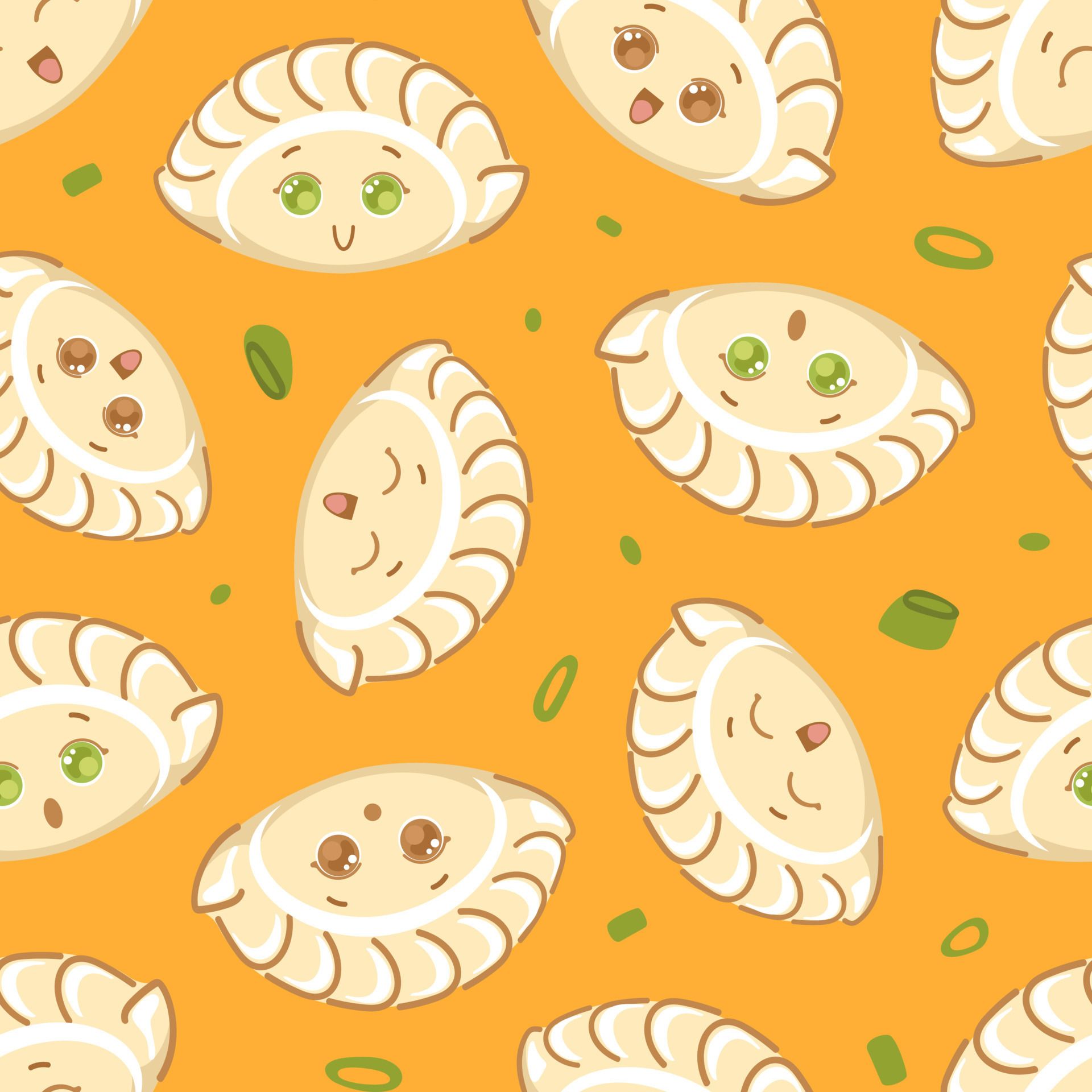 Jiaozi and greens. Seamless pattern Chinese New Year fried dumplings, shaped like ancient silver and gold ingots. Cute cartoon character. For menu cafe, wallpaper, fabric, wrapping, background