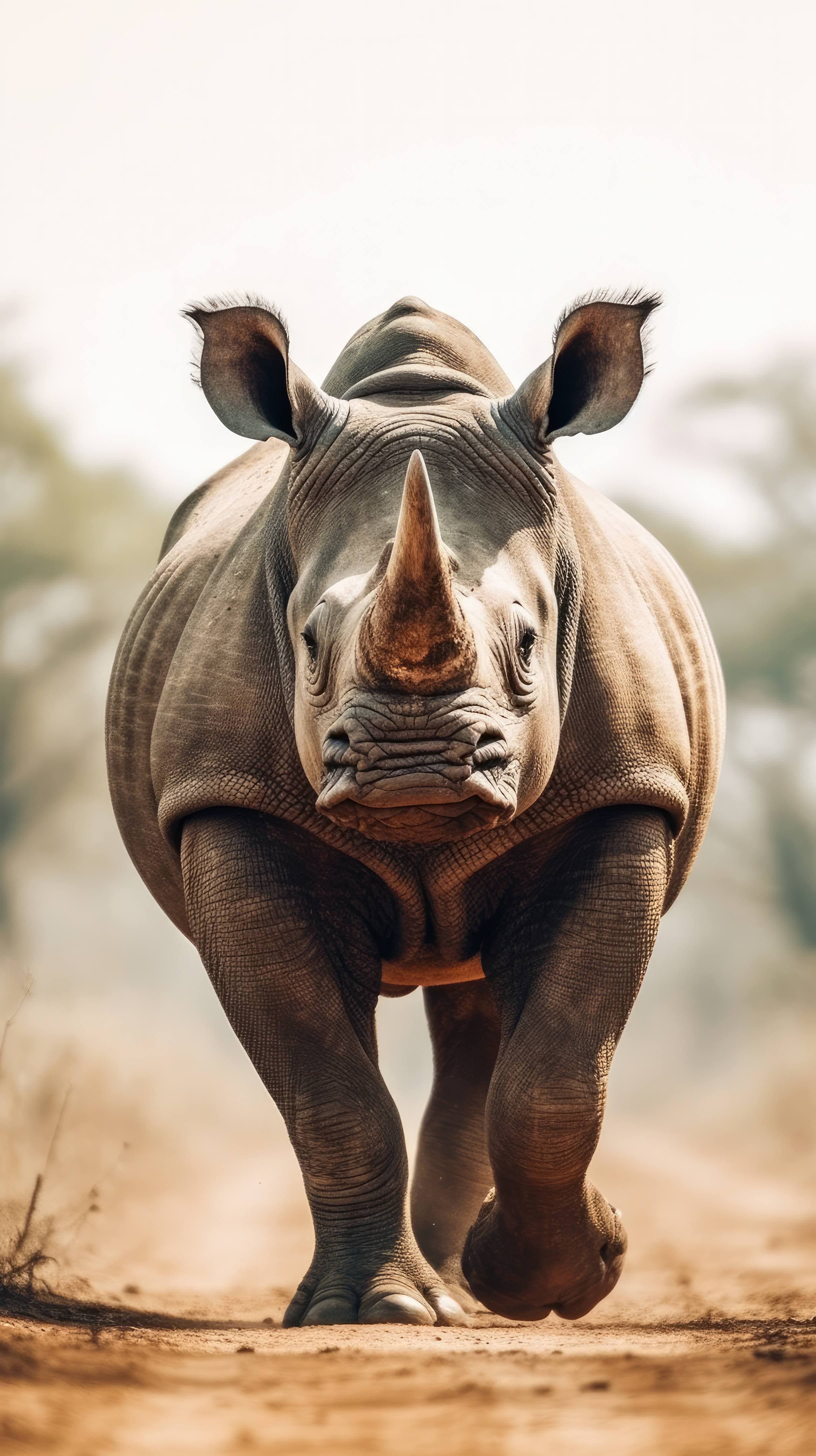 A 4K ultra HD mobile wallpaper showcasing a powerful and majestic African Rhino, walking proudly in its natural habitat, its massive horn and sturdy frame commanding respect