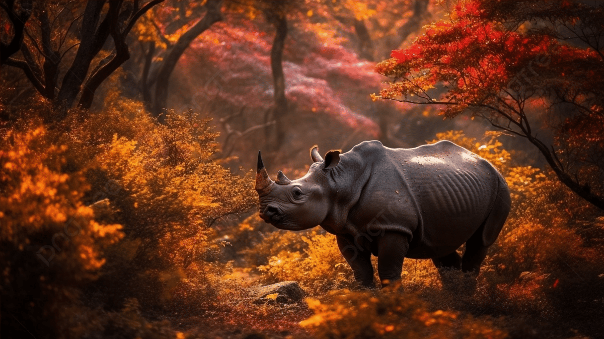 Rhino In The Autumn Forest Background, Autumn Glow Fragrant Rhinoceros, HD Photography Photo, Rhinoceros Background Image And Wallpaper for Free Download