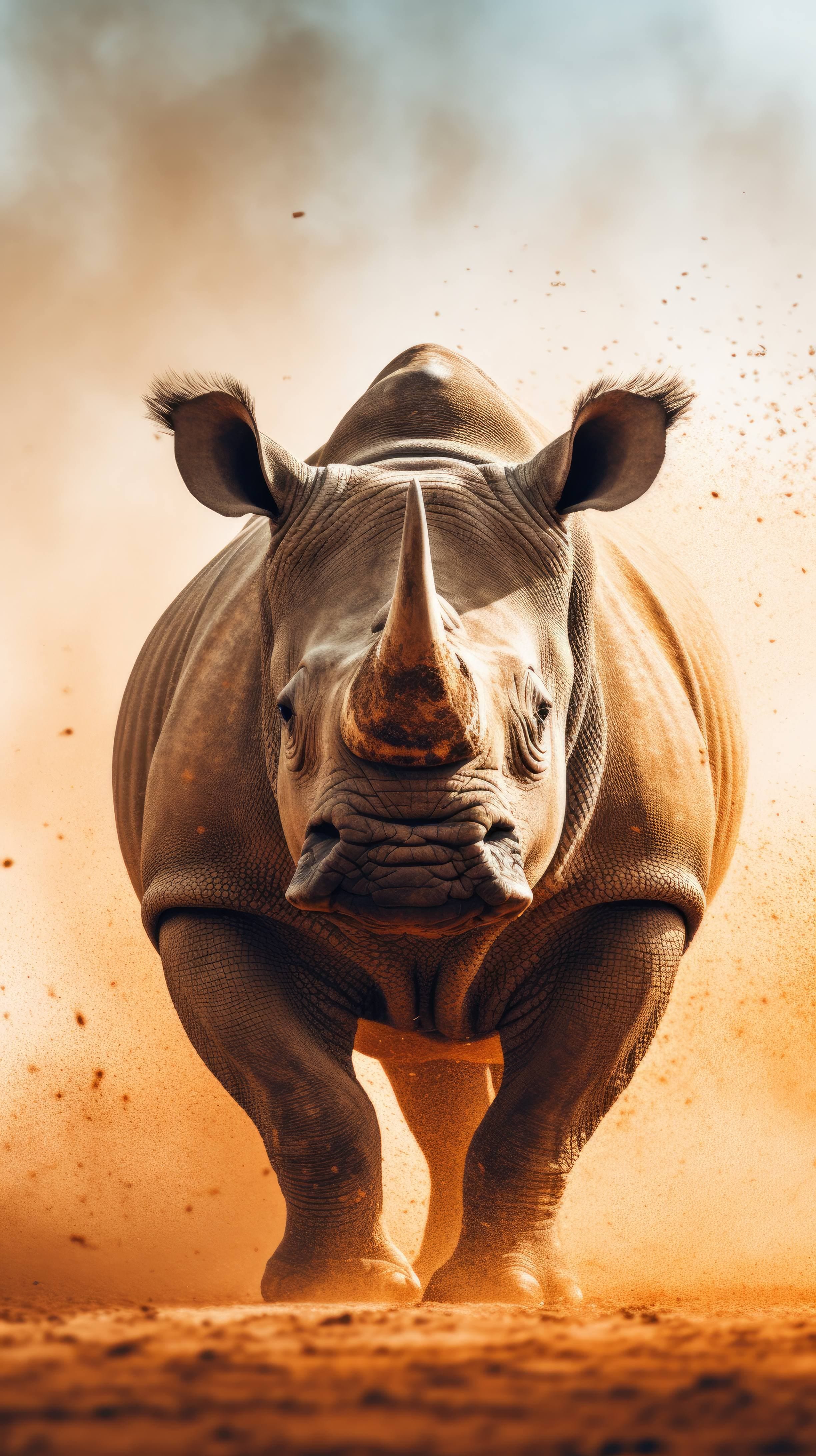 A 4K ultra HD mobile wallpaper showcasing a powerful and majestic African Rhino, walking proudly in its natural habitat, its massive horn and sturdy frame commanding respect