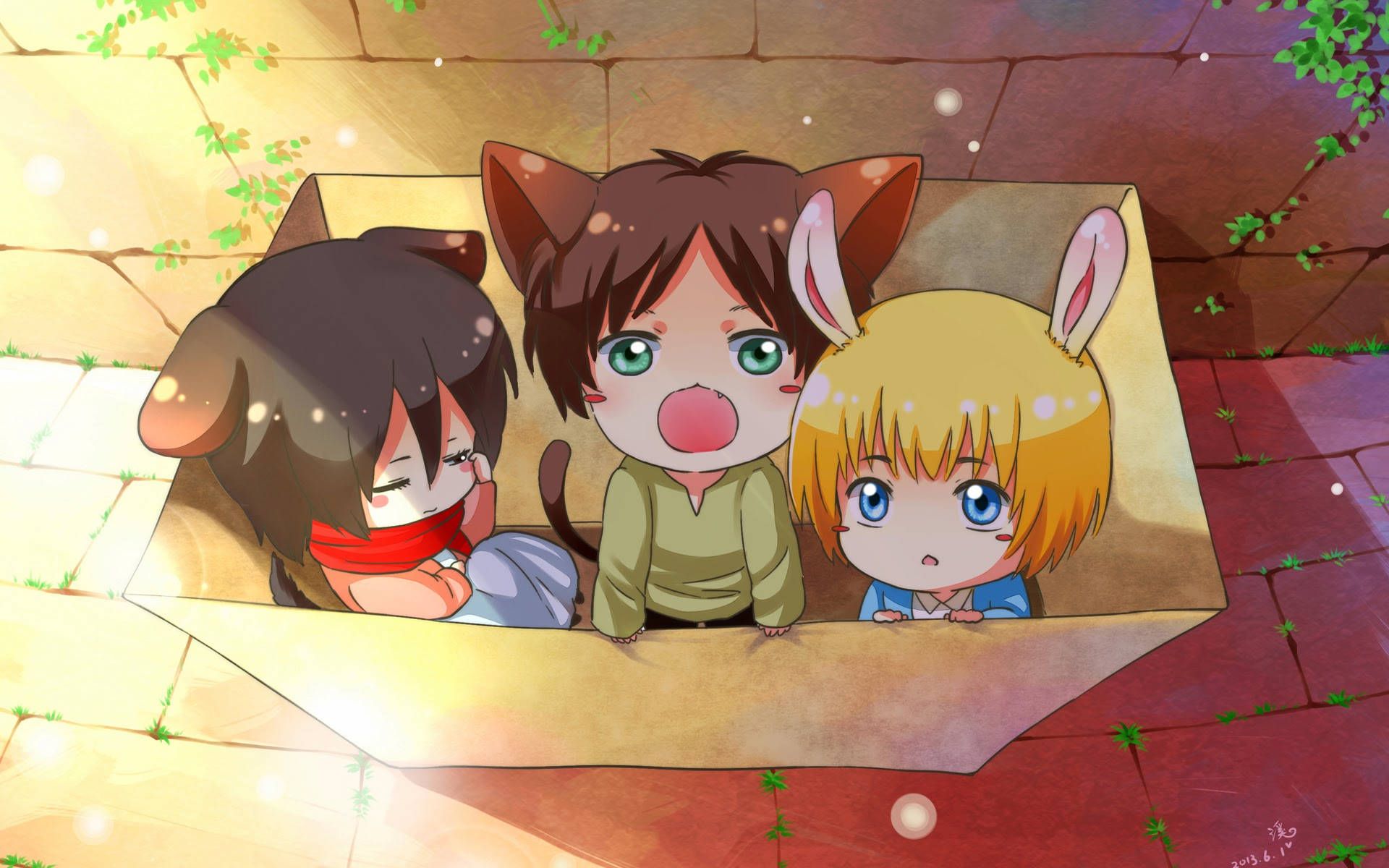 Download Eren Armin Mikasa Cute Animals Wallpaper